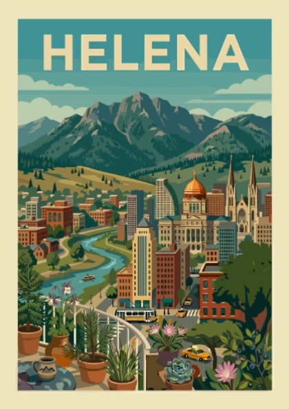 Helena cityscape poster with mountains, river, and buildings in a vintage travel art style.