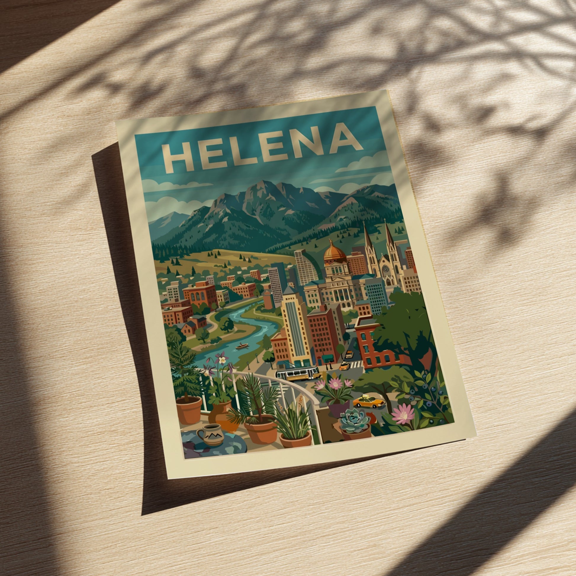 Helena cityscape poster with mountains, river, and buildings in a vintage travel art style.