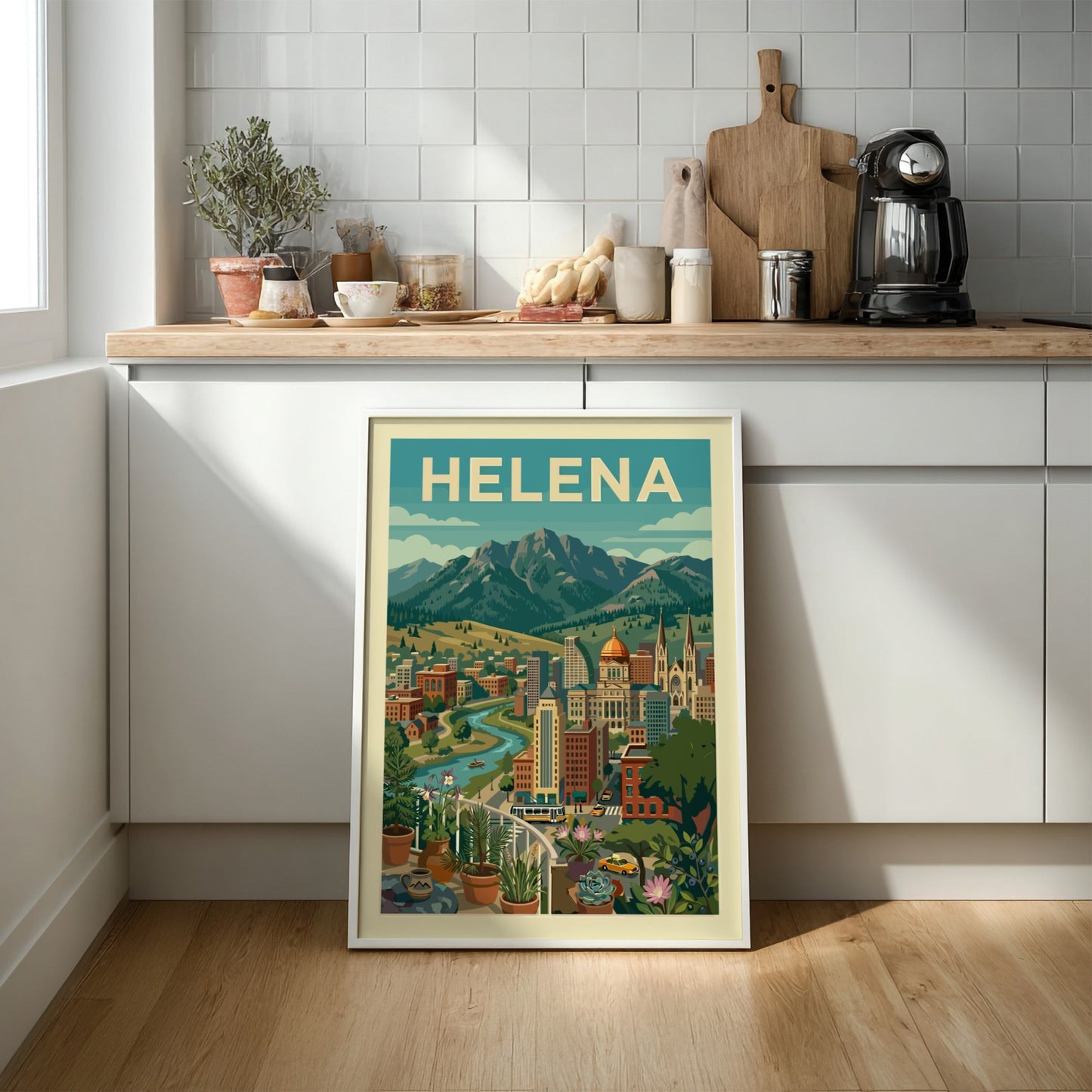 Helena cityscape poster with mountains, river, and buildings in a vintage travel art style.