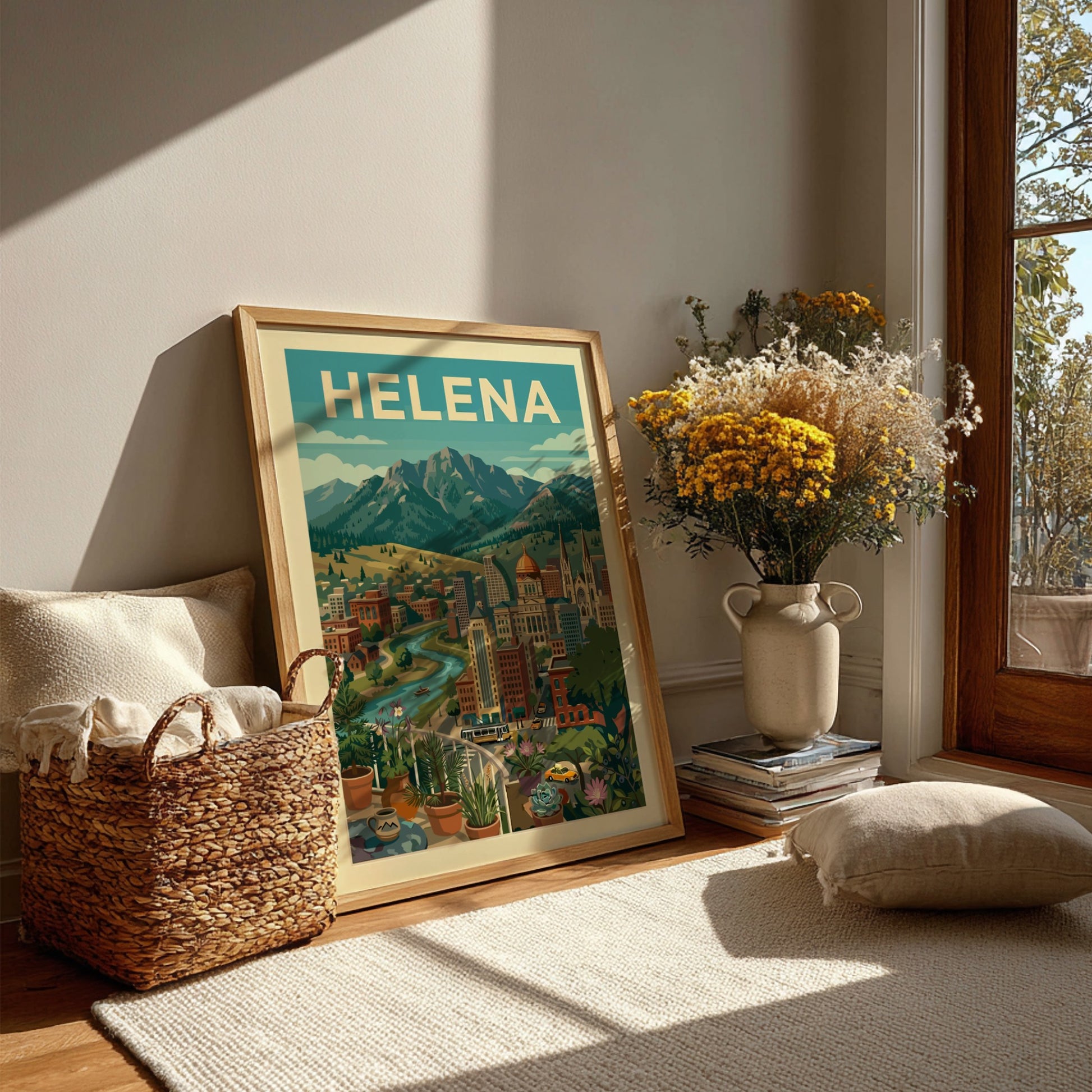 Helena cityscape poster with mountains, river, and buildings in a vintage travel art style.