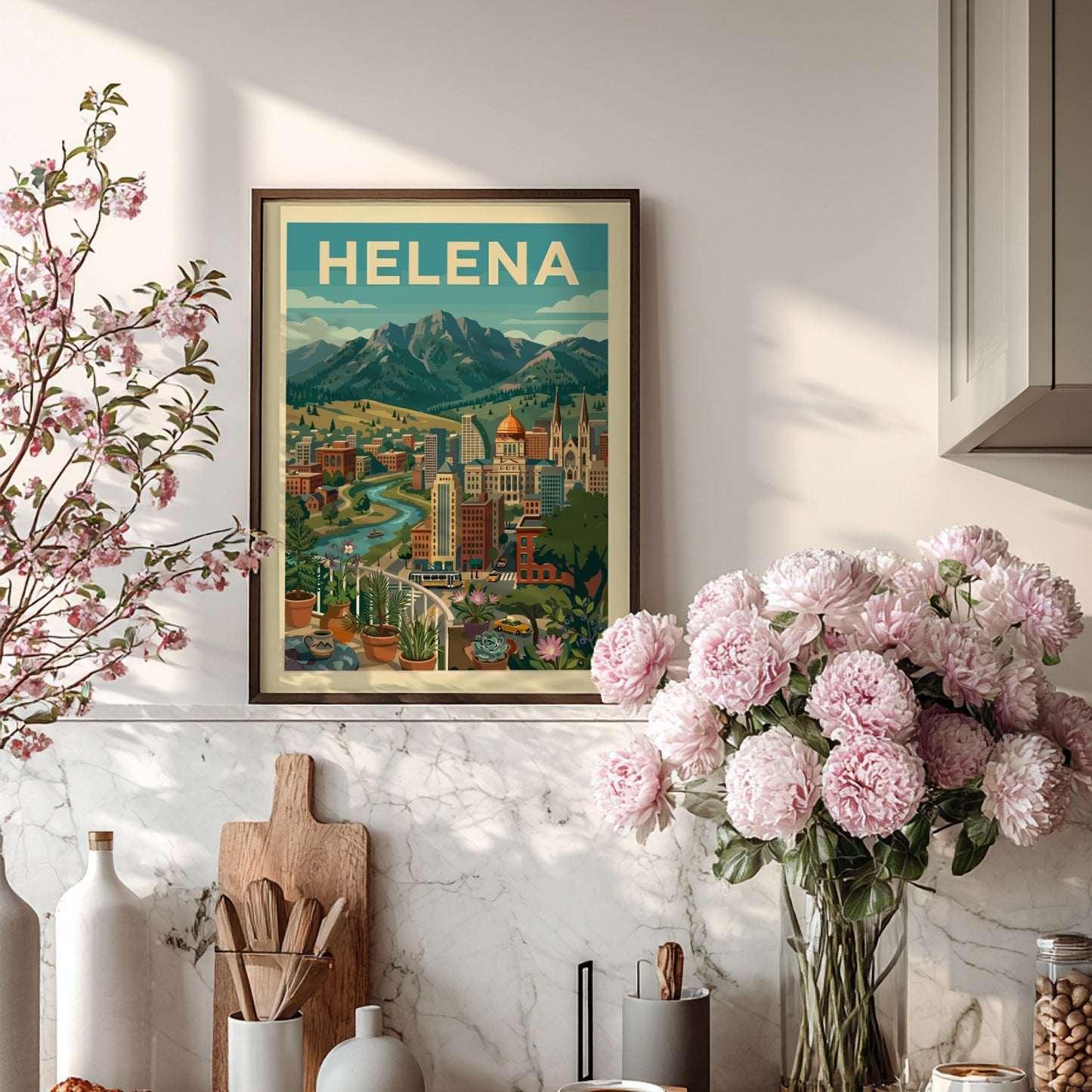 Helena cityscape poster with mountains, river, and buildings in a vintage travel art style.