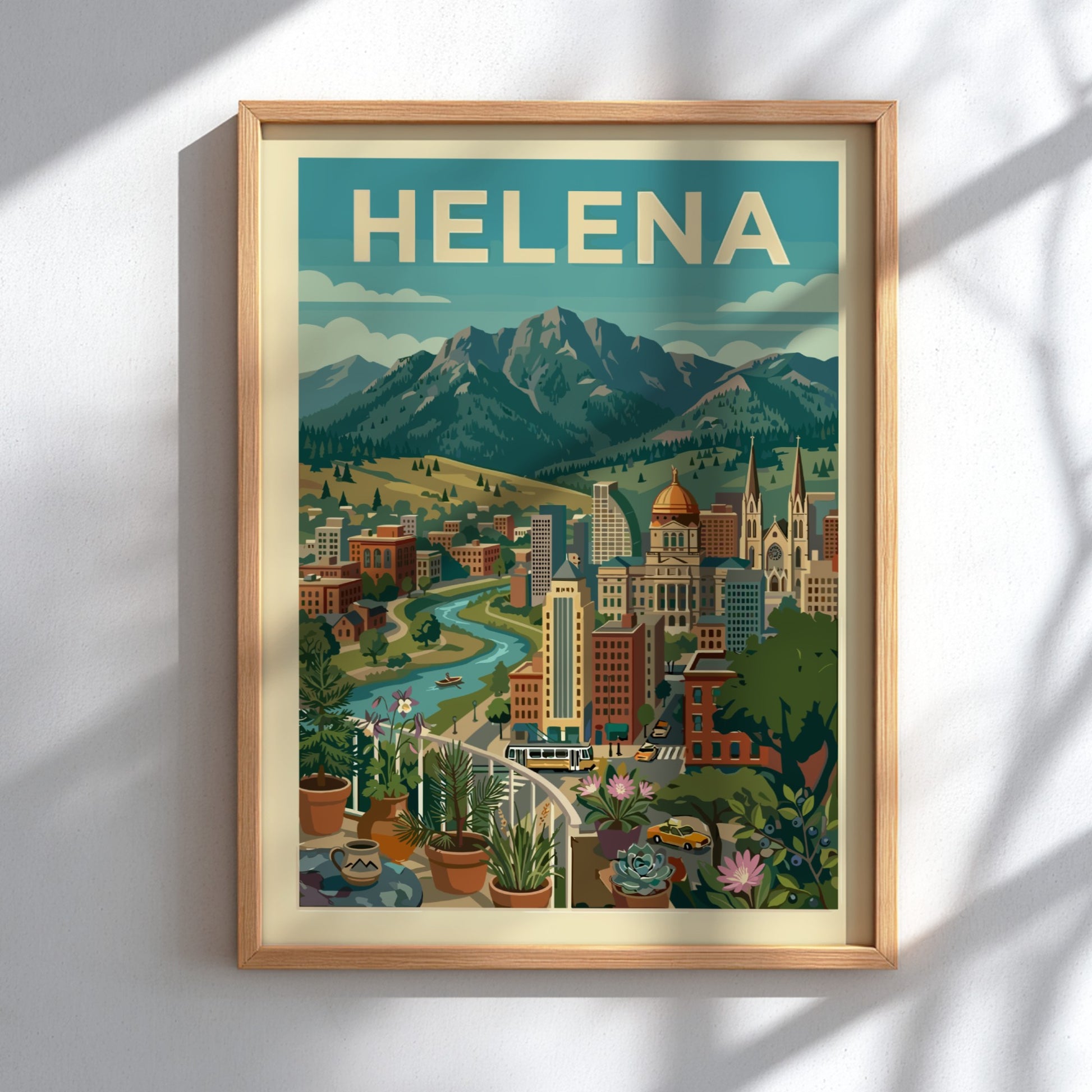 Helena cityscape poster with mountains, river, and buildings in a vintage travel art style.