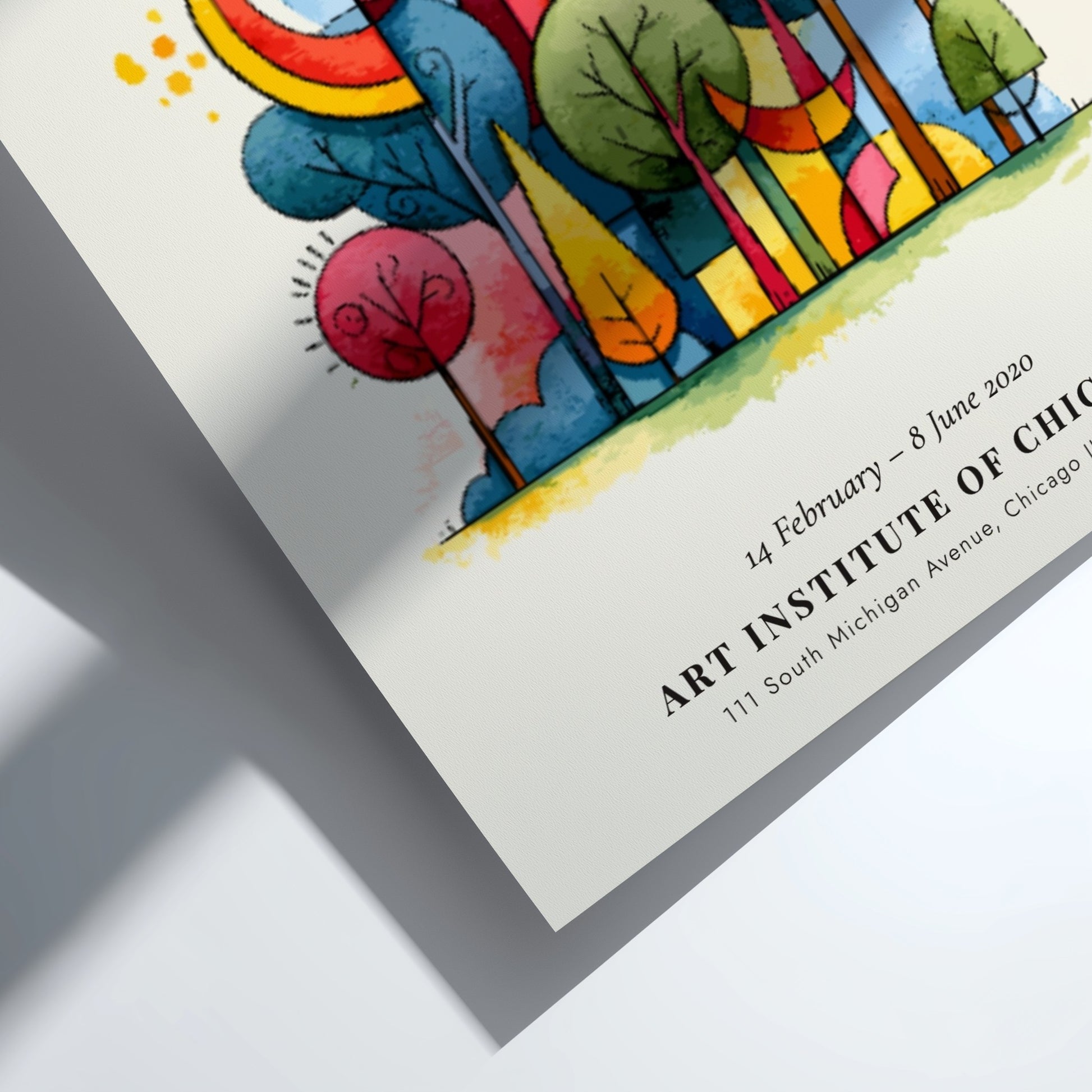 Kandinsky inspired poster with vibrant abstract shapes and colorful trees