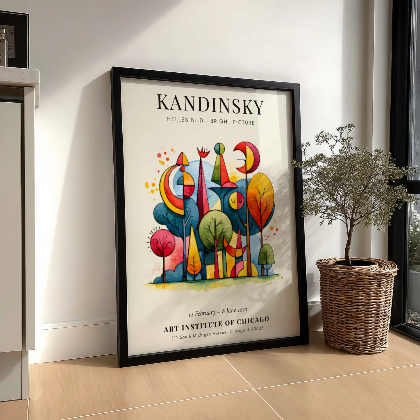 Kandinsky inspired poster with vibrant abstract shapes and colorful trees