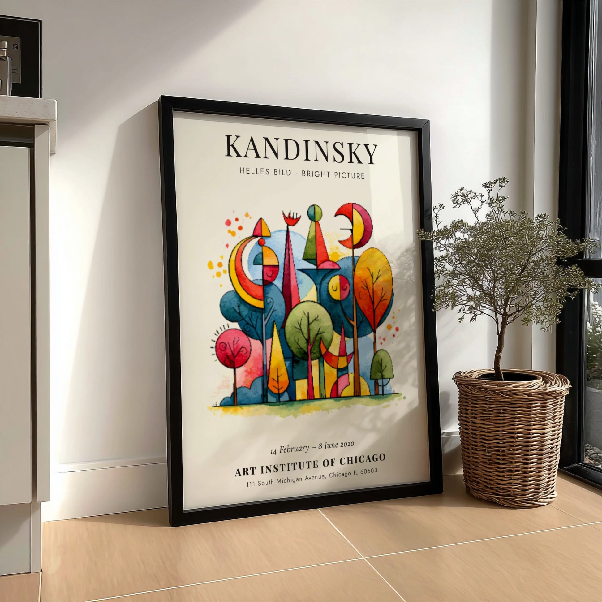 Kandinsky inspired poster with vibrant abstract shapes and colorful trees