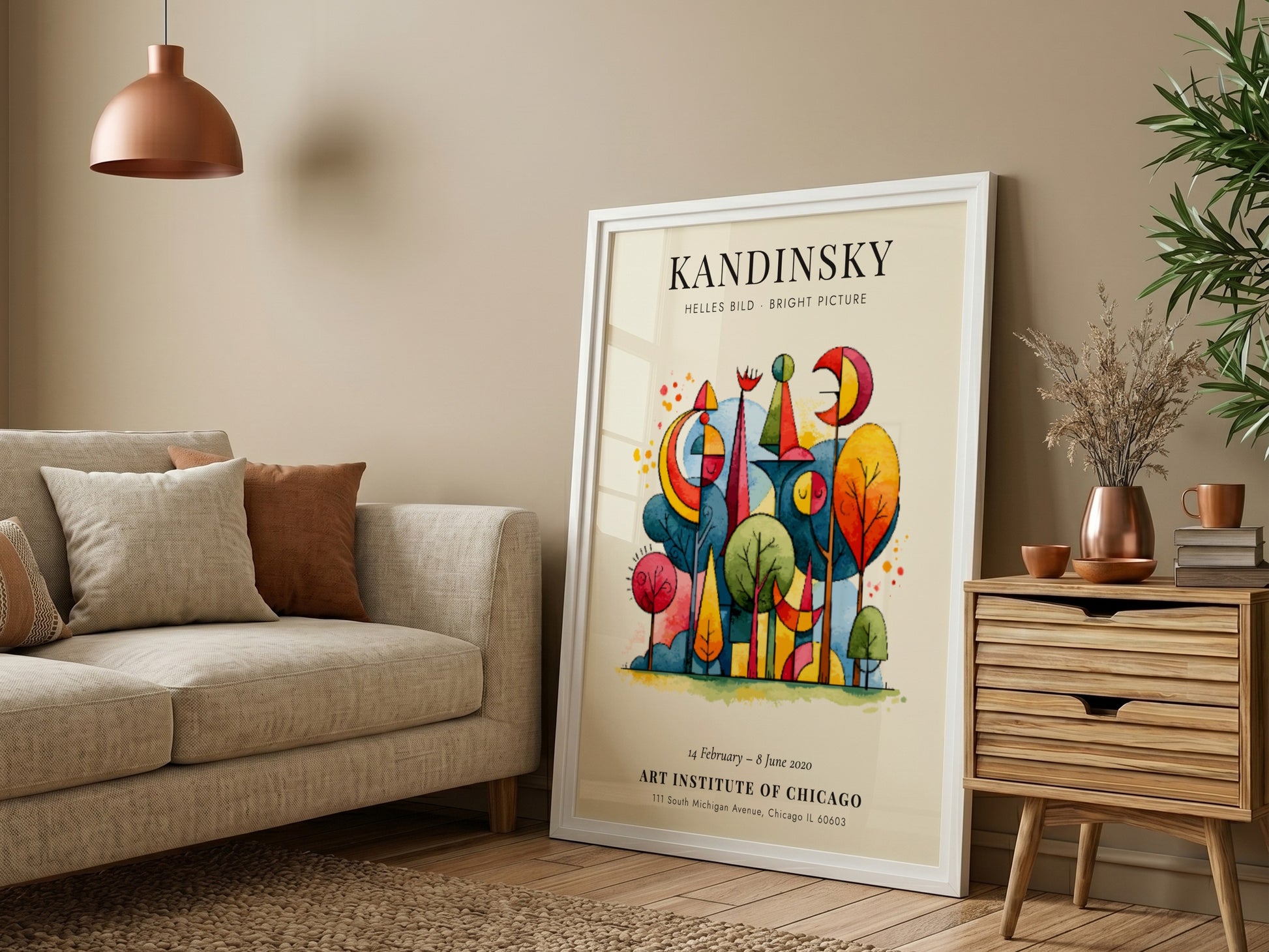 Kandinsky inspired poster with vibrant abstract shapes and colorful trees