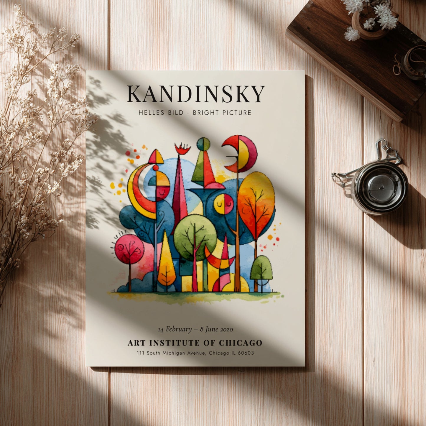 Kandinsky inspired poster with vibrant abstract shapes and colorful trees