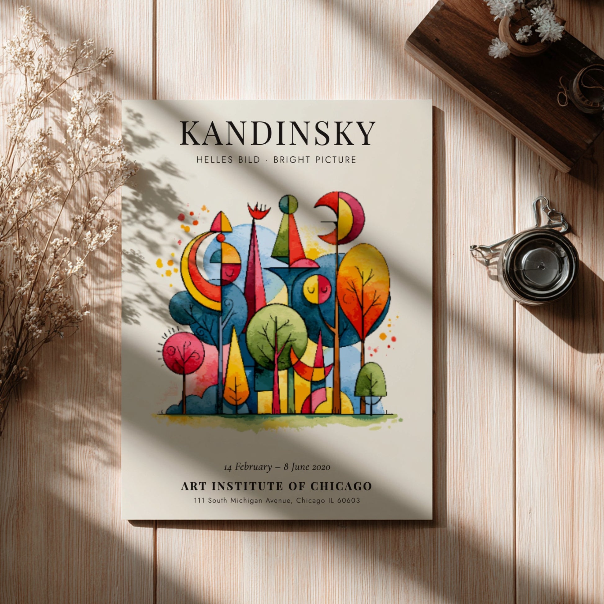 Kandinsky inspired poster with vibrant abstract shapes and colorful trees