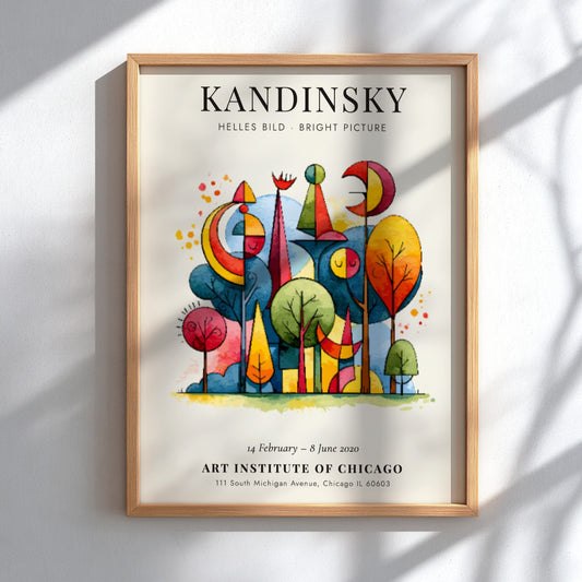 Kandinsky inspired poster with vibrant abstract shapes and colorful trees