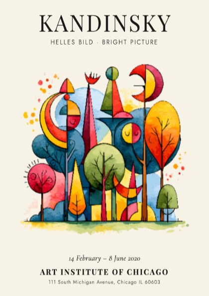 Kandinsky inspired poster with vibrant abstract shapes and colorful trees