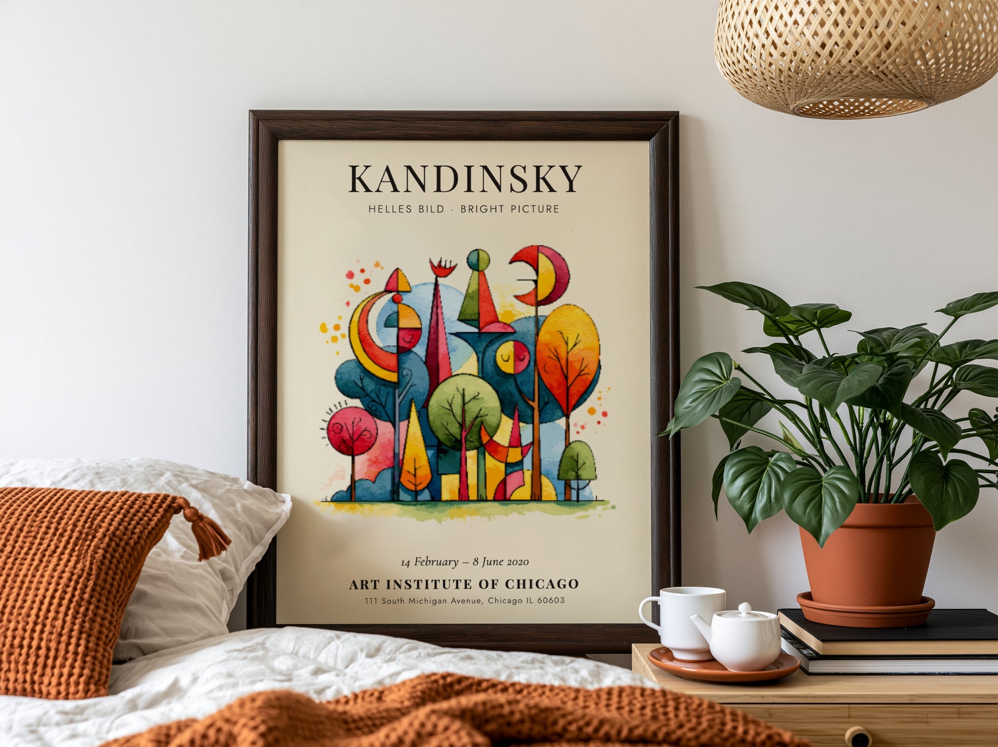 Kandinsky inspired poster with vibrant abstract shapes and colorful trees