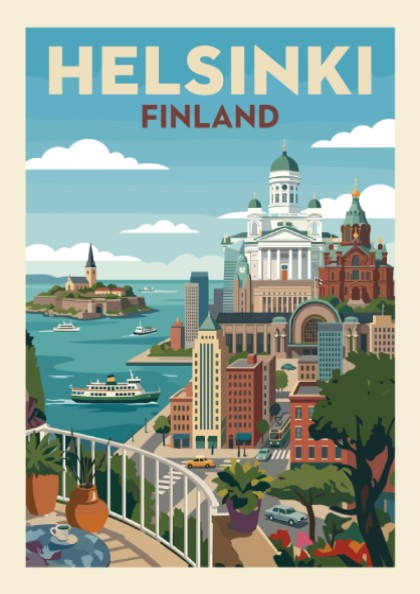 Helsinki cityscape travel poster with Helsinki Cathedral and Uspenski Cathedral, vintage style, vibrant