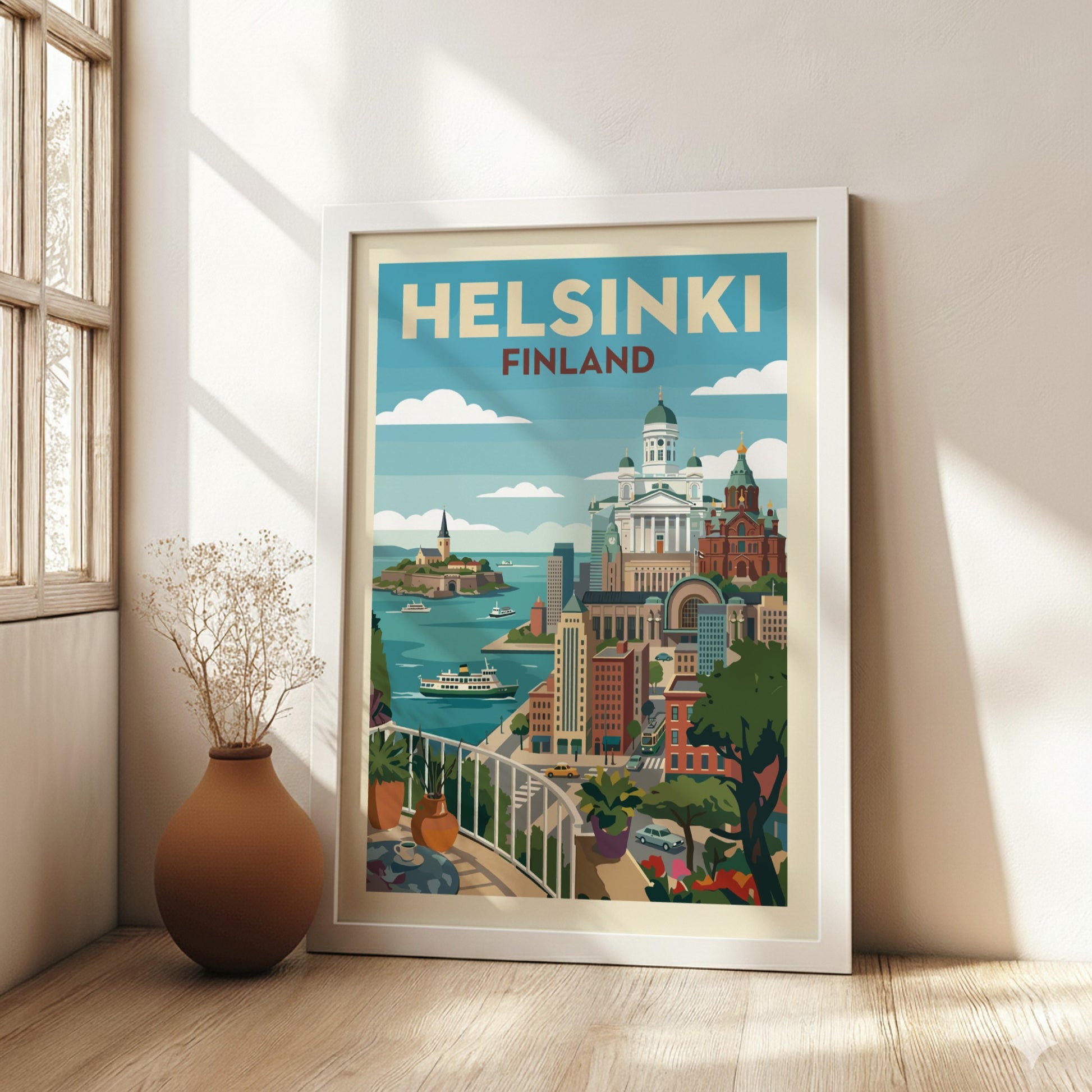 Helsinki cityscape travel poster with Helsinki Cathedral and Uspenski Cathedral, vintage style, vibrant