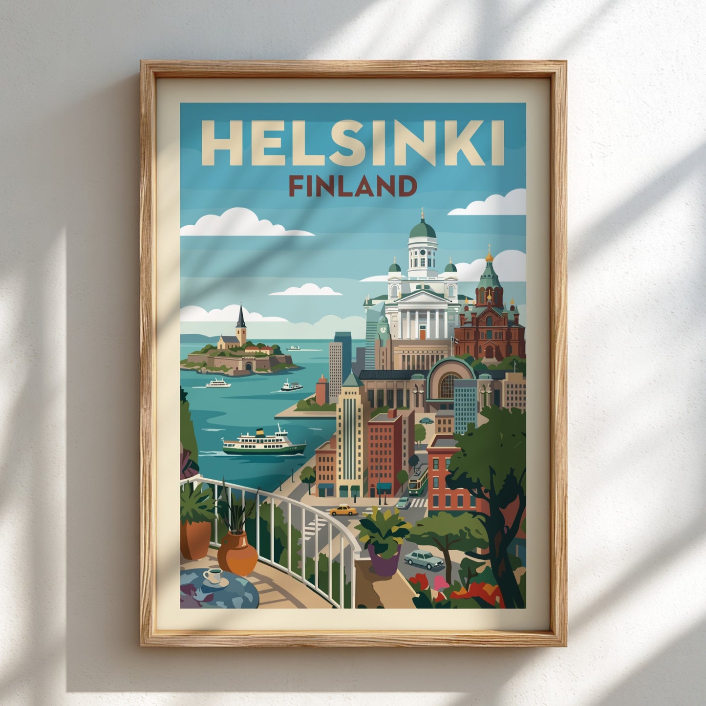 Helsinki cityscape travel poster with Helsinki Cathedral and Uspenski Cathedral, vintage style, vibrant