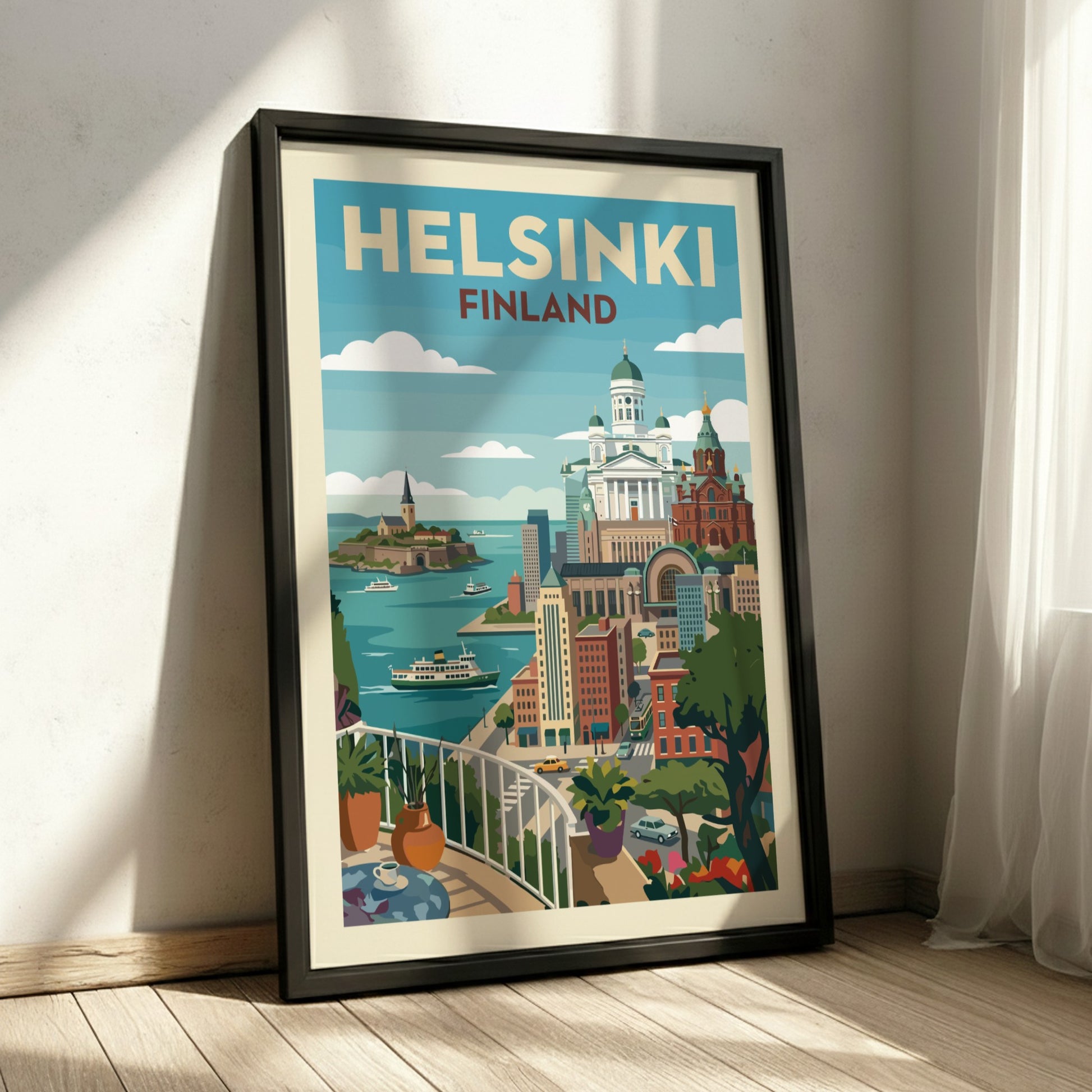 Helsinki cityscape travel poster with Helsinki Cathedral and Uspenski Cathedral, vintage style, vibrant