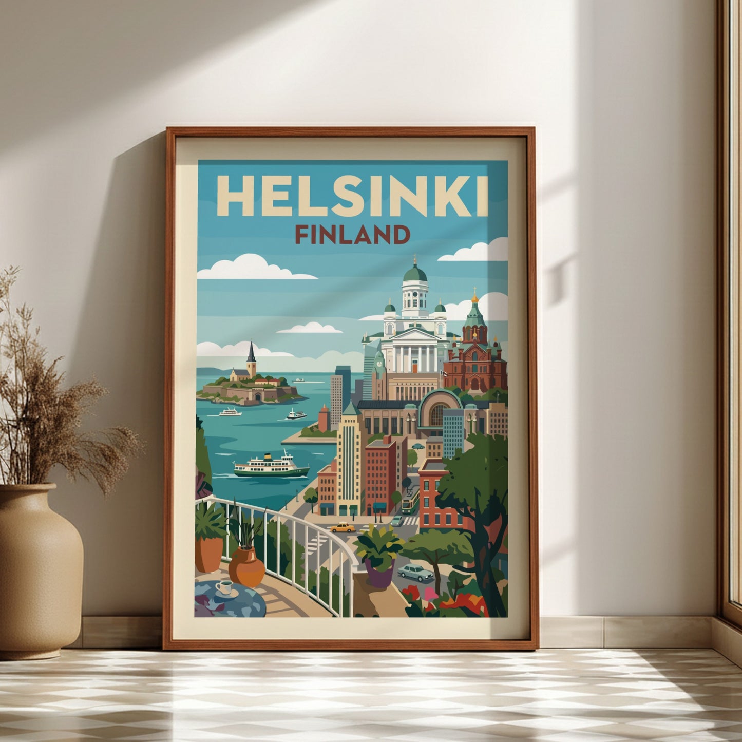 Helsinki cityscape travel poster with Helsinki Cathedral and Uspenski Cathedral, vintage style, vibrant