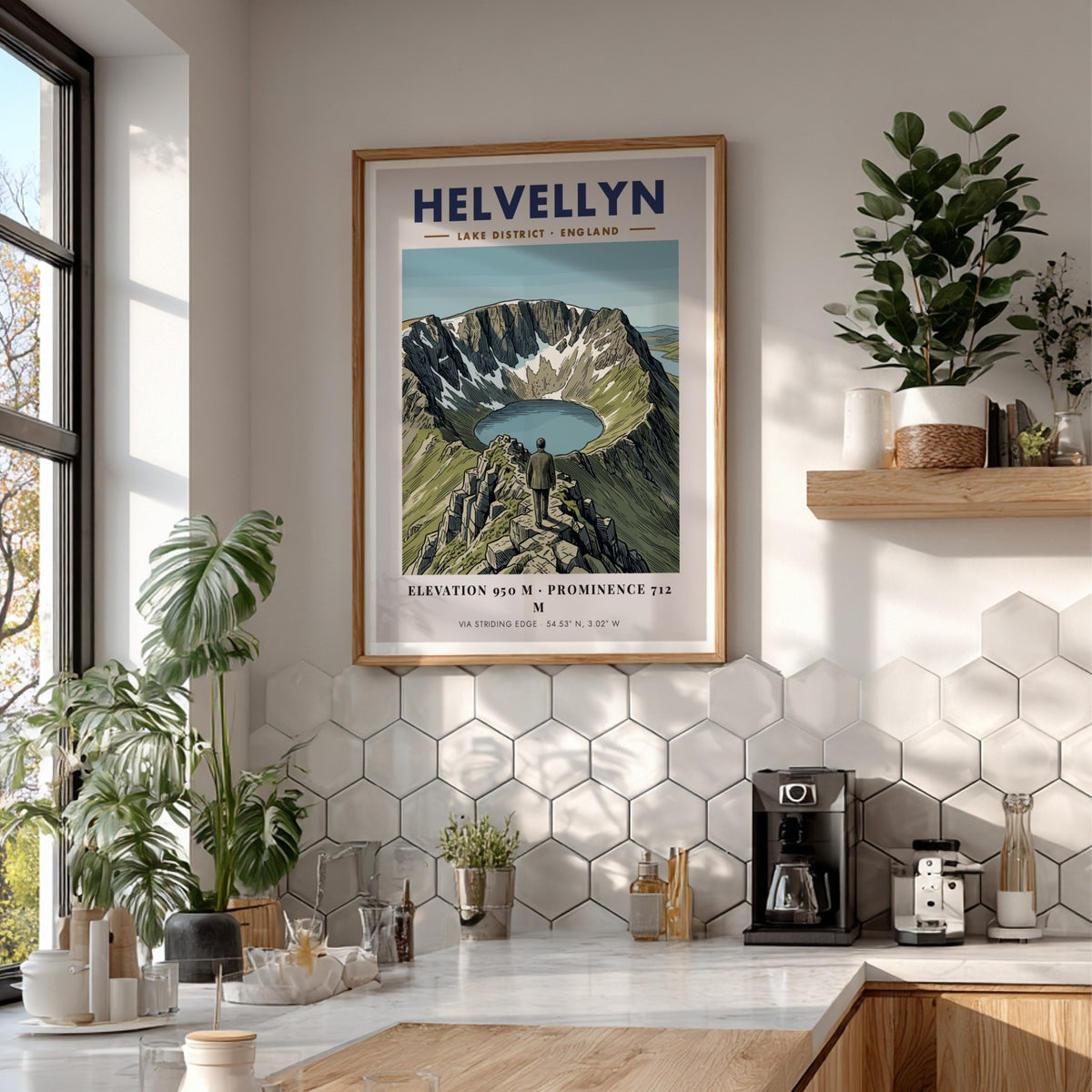 Poster featuring a hiker on the rocky Striding Edge ridge looking toward Helvellyn.