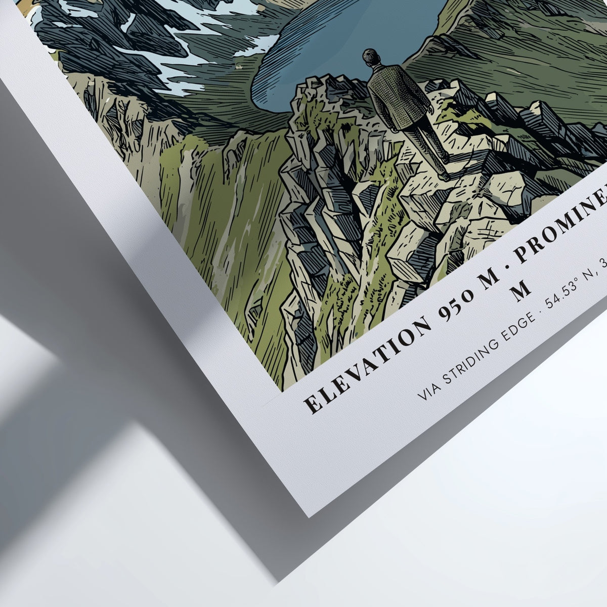 Poster featuring a hiker on the rocky Striding Edge ridge looking toward Helvellyn.