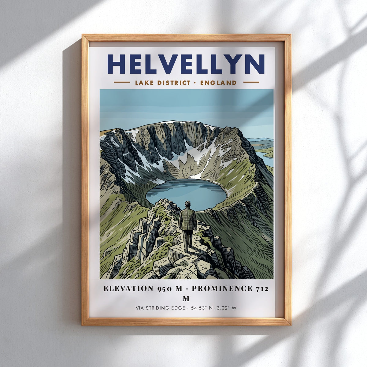 Poster featuring a hiker on the rocky Striding Edge ridge looking toward Helvellyn.