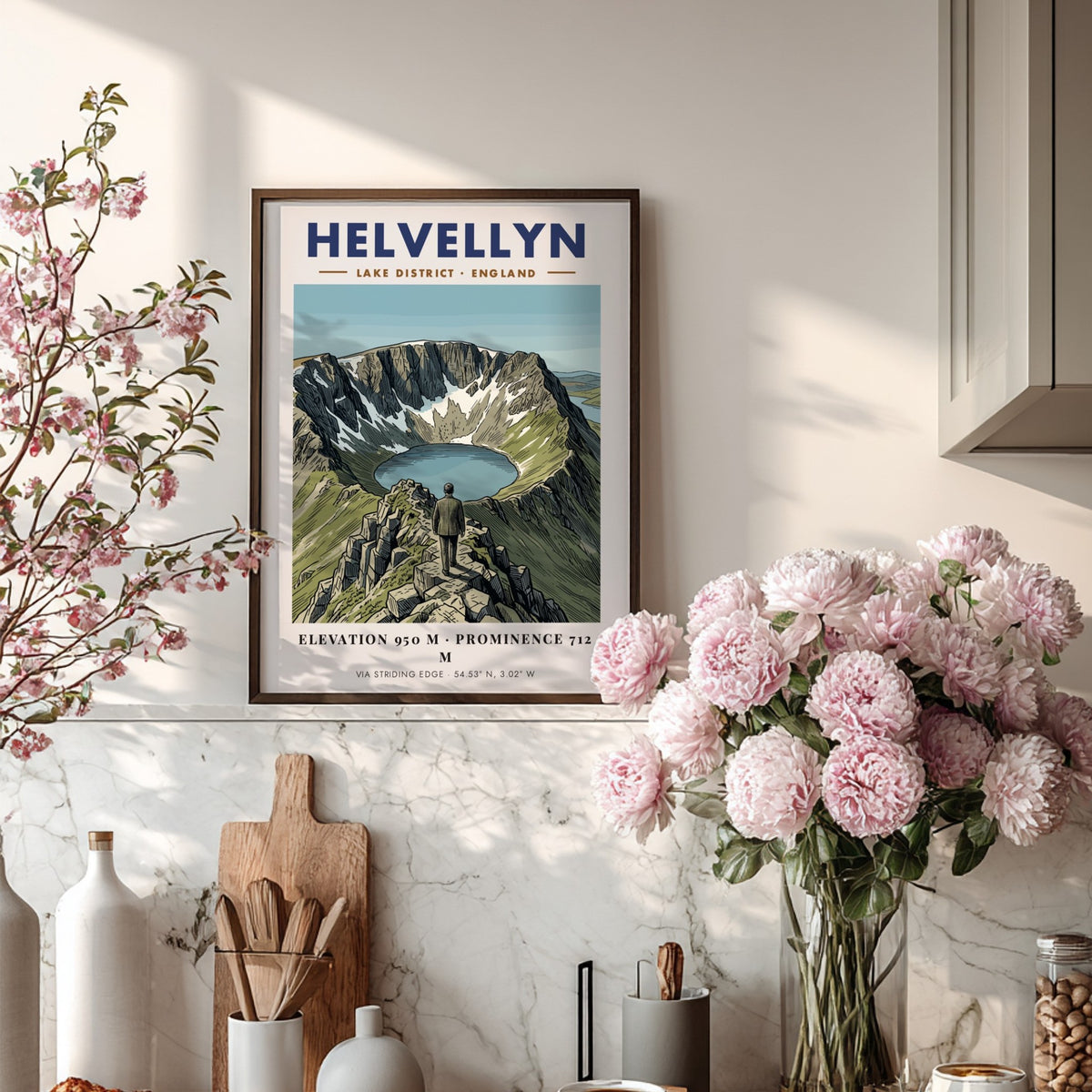 Poster featuring a hiker on the rocky Striding Edge ridge looking toward Helvellyn.