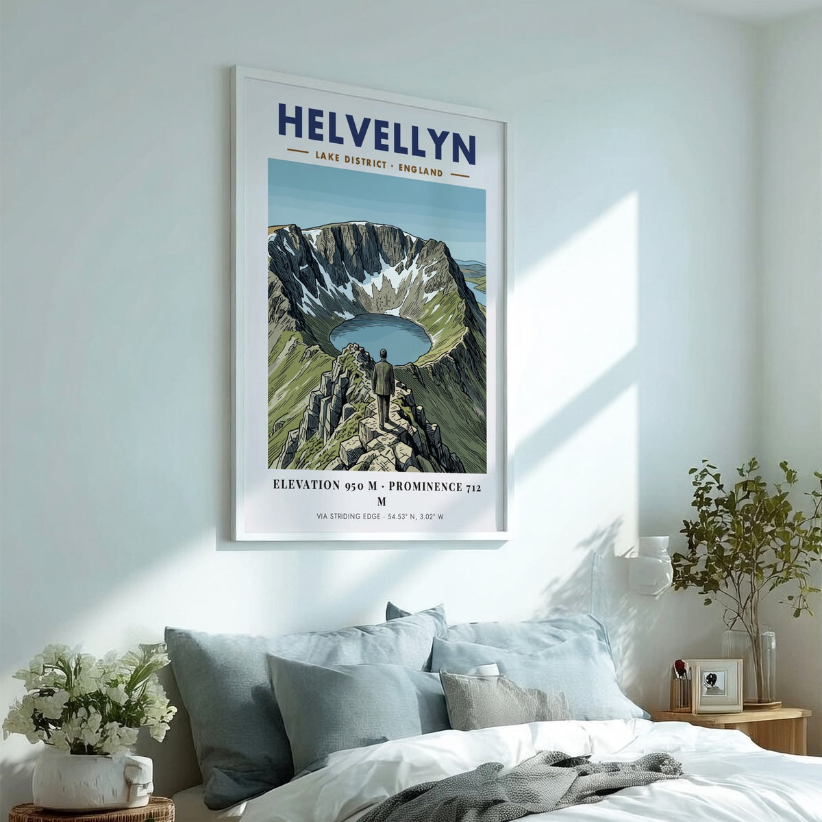 Poster featuring a hiker on the rocky Striding Edge ridge looking toward Helvellyn.