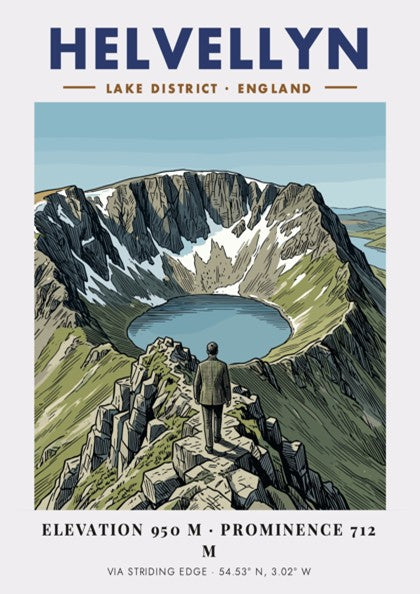 Poster featuring a hiker on the rocky Striding Edge ridge looking toward Helvellyn.