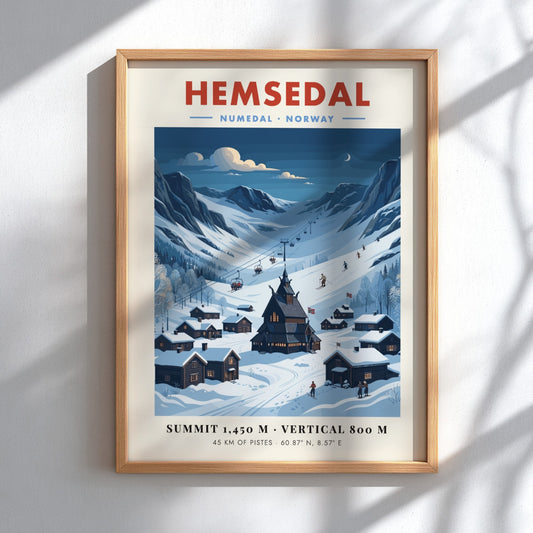Ski resort poster featuring Hemsedal's snowy landscape and wooden cabins in vintage style
