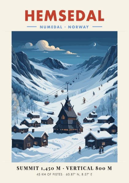 Ski resort poster featuring Hemsedal's snowy landscape and wooden cabins in vintage style