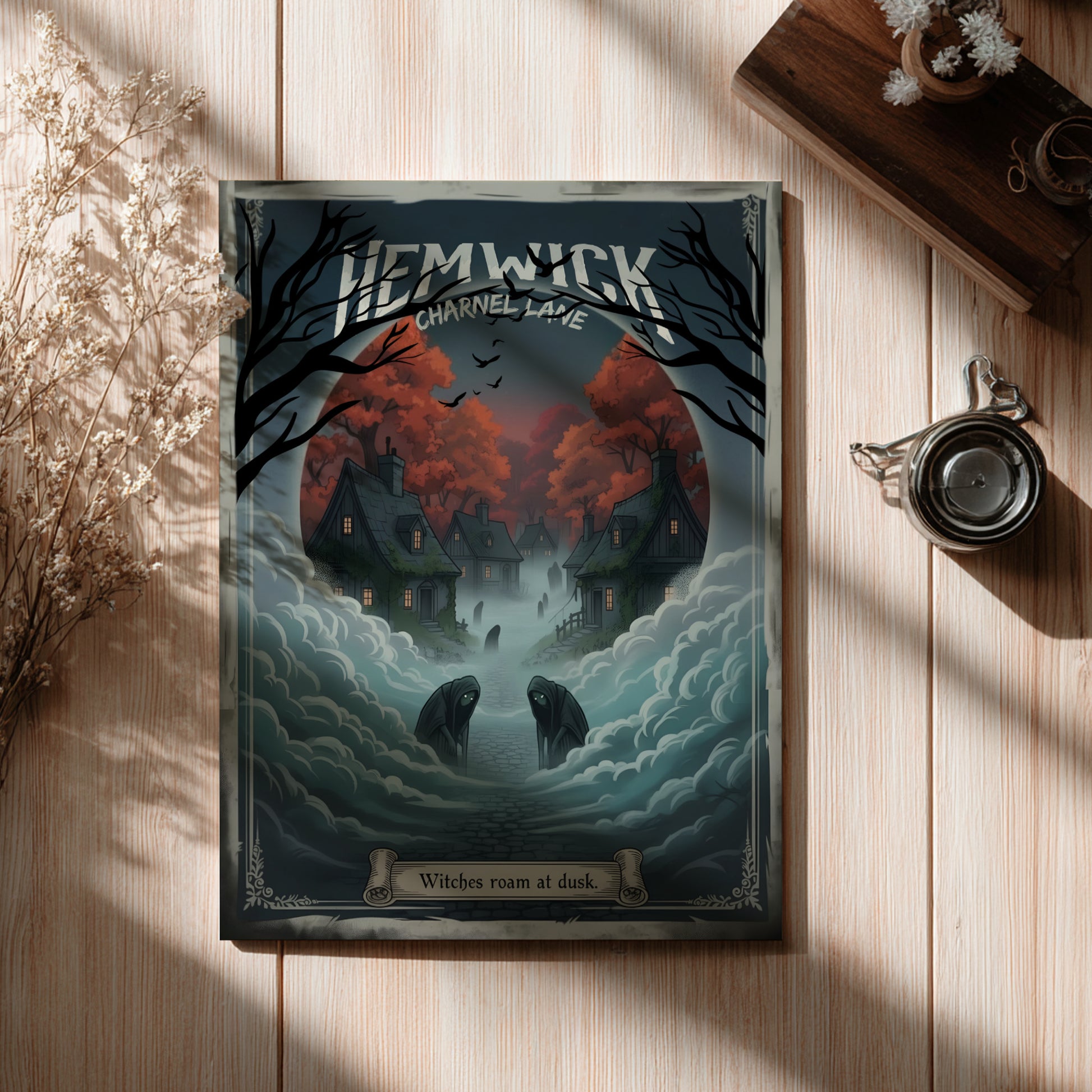 Poster of Hemwick Charnel Lane from Bloodborne on a wooden surface with decorative elements.