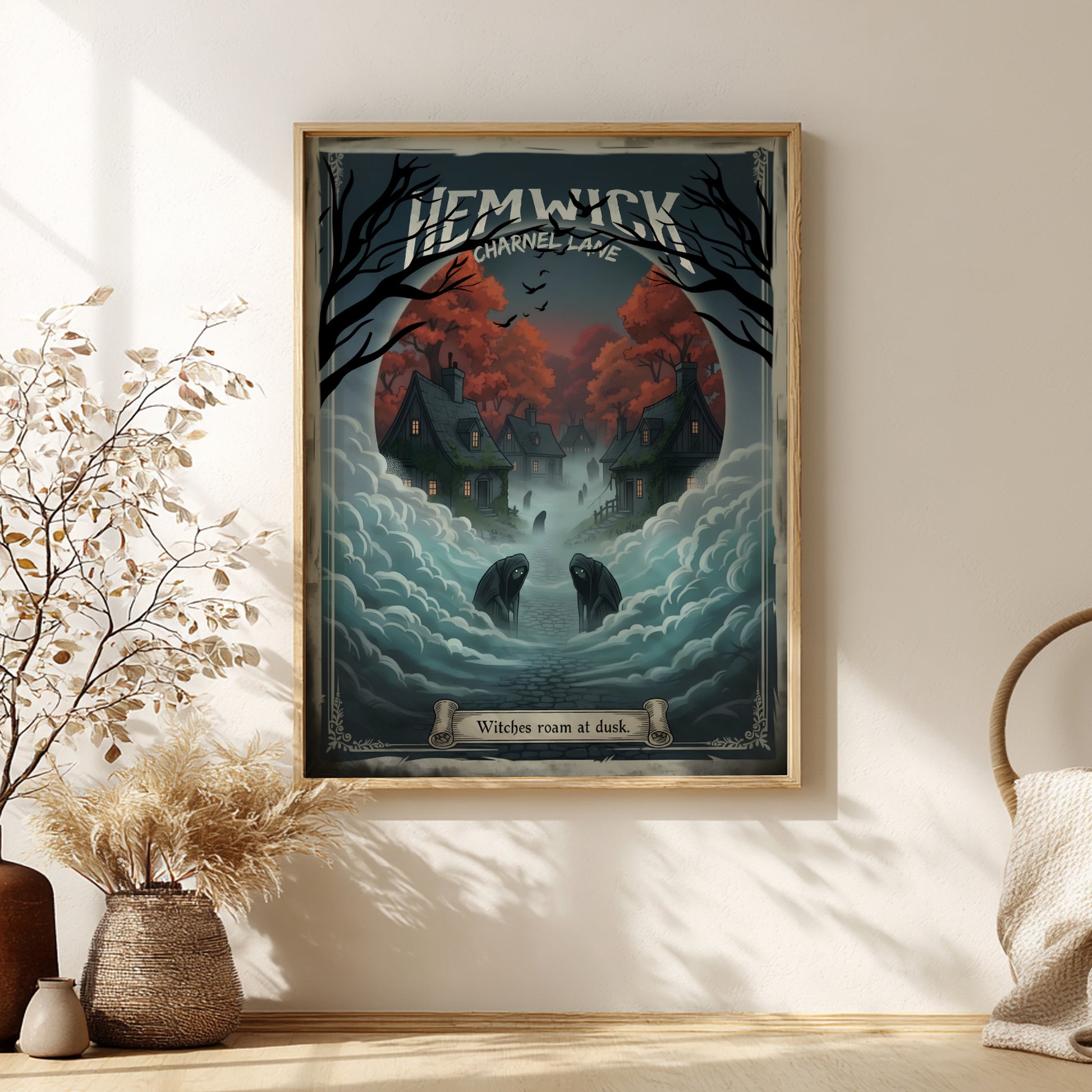 Framed artwork of Hemwick Charnel Lane from Bloodborne on a wall with decorative elements.