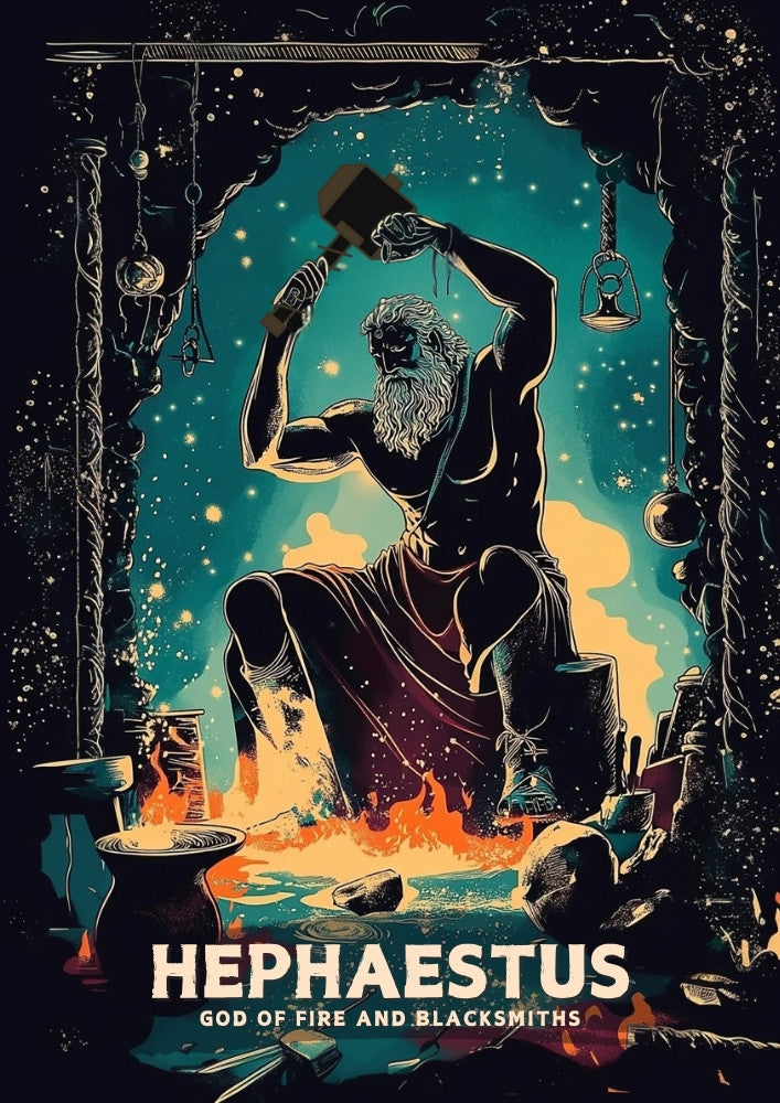 Hephaestus God Poster, God of Fire and Blacksmiths, Greek Mythology