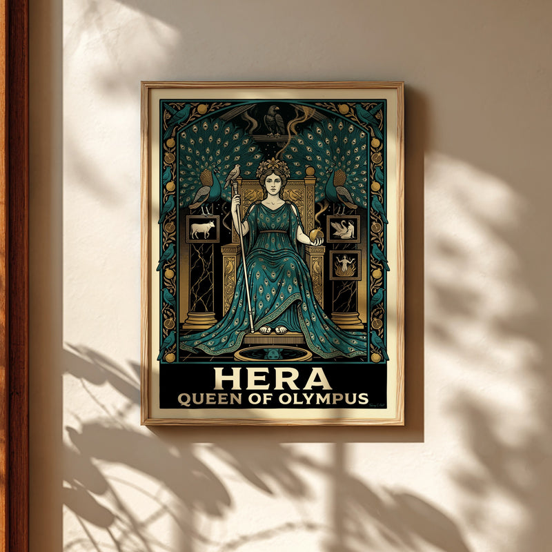 Hera Queen of Olympus poster, featuring the goddess in a teal gown with peacocks, in a detailed Art Nouveau