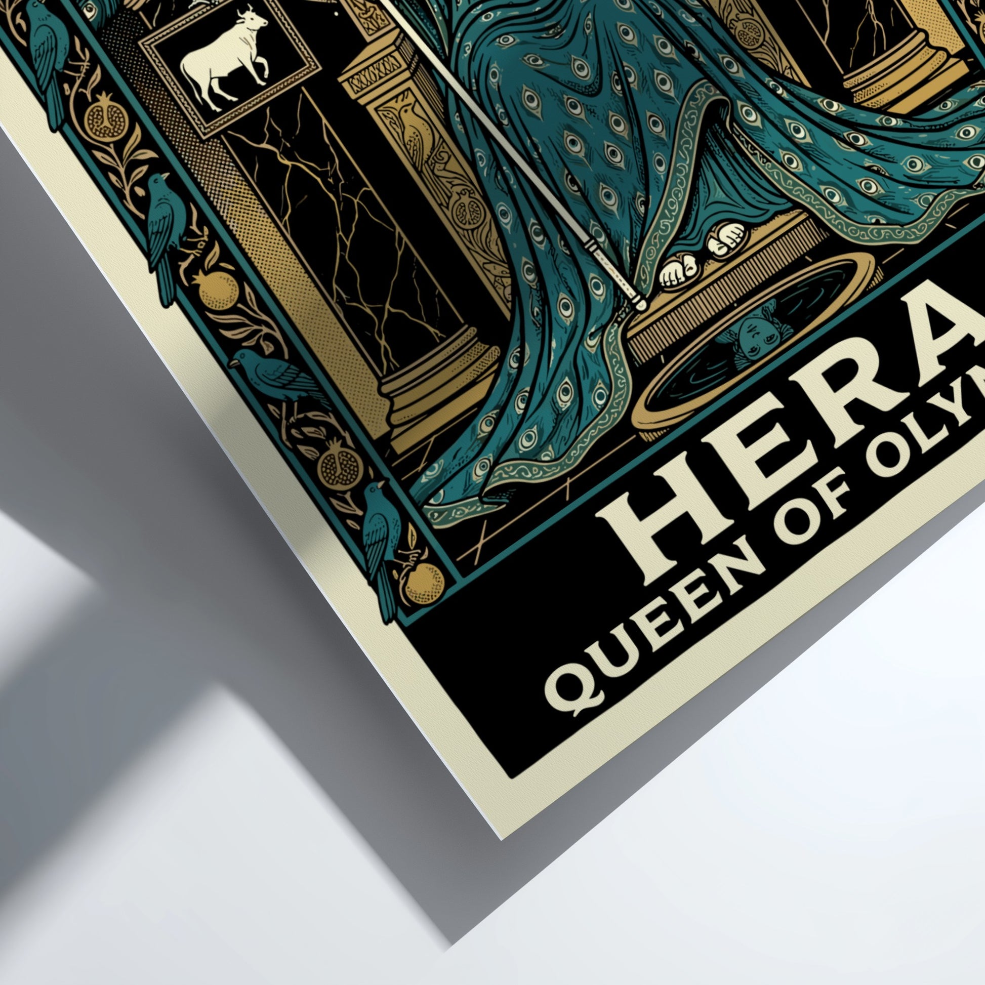 Hera Queen of Olympus poster, featuring the goddess in a teal gown with peacocks, in a detailed Art Nouveau