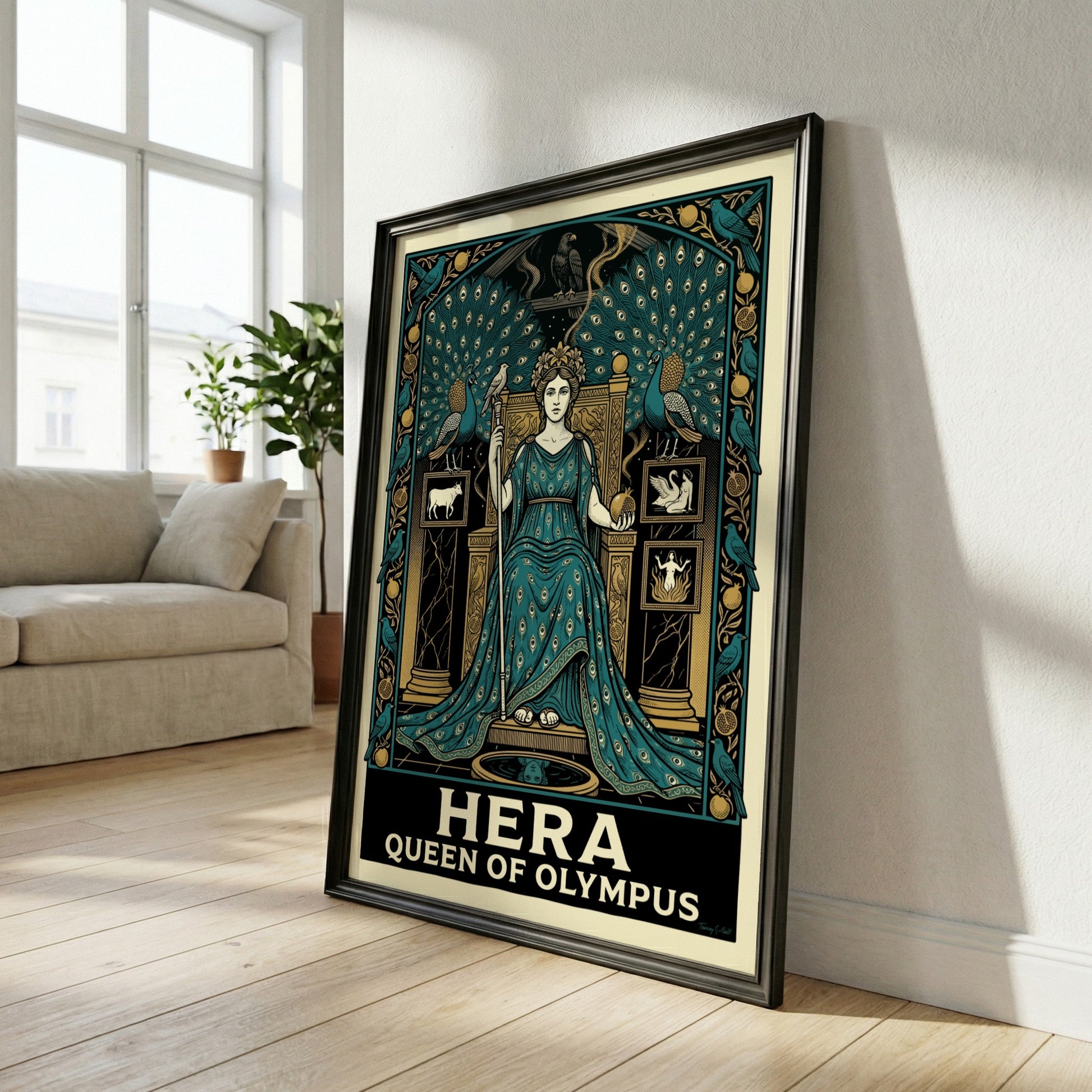 Hera Queen of Olympus poster, featuring the goddess in a teal gown with peacocks, in a detailed Art Nouveau
