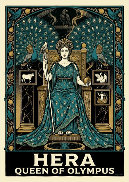 Hera Queen of Olympus poster, featuring the goddess in a teal gown with peacocks, in a detailed Art Nouveau