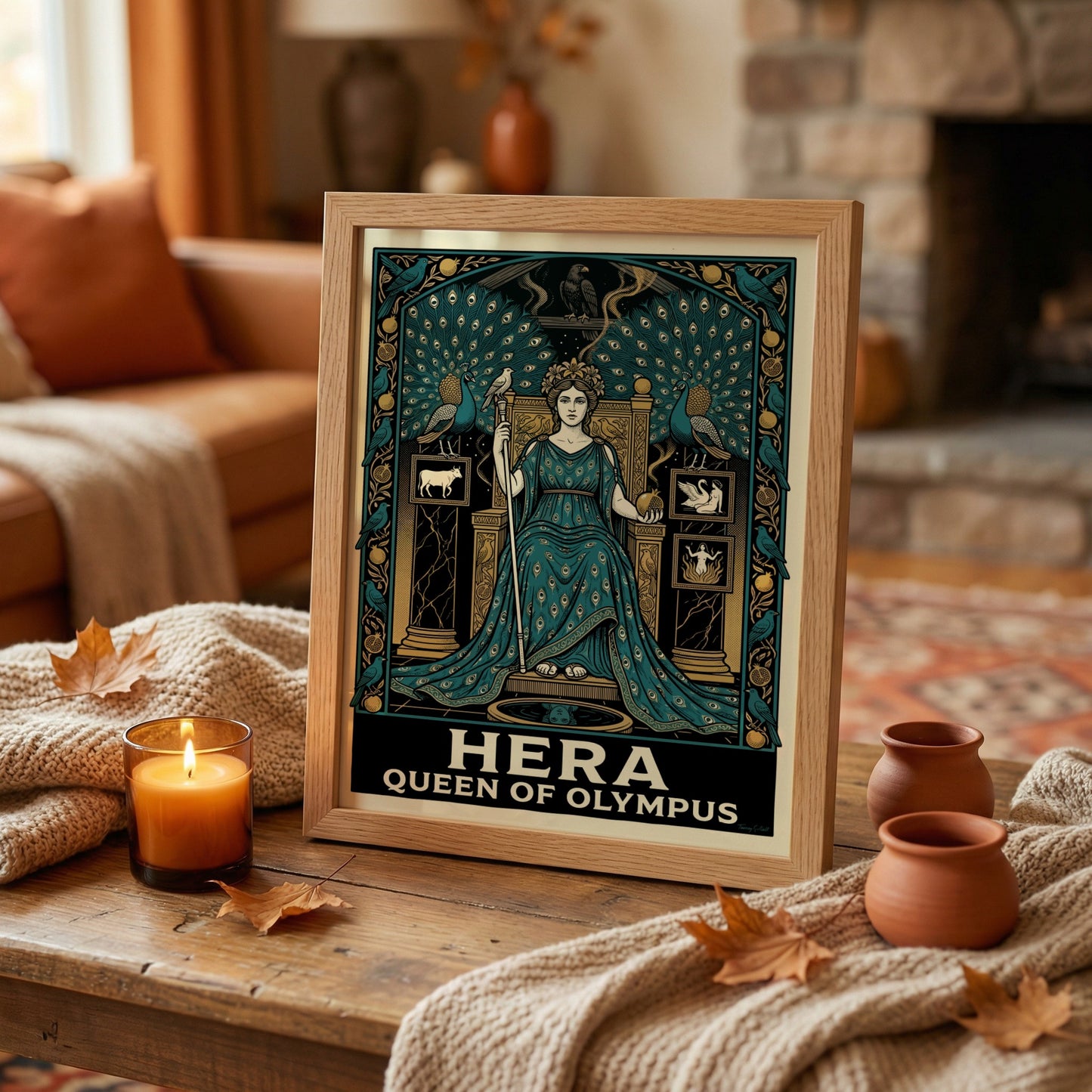 Hera Queen of Olympus poster, featuring the goddess in a teal gown with peacocks, in a detailed Art Nouveau