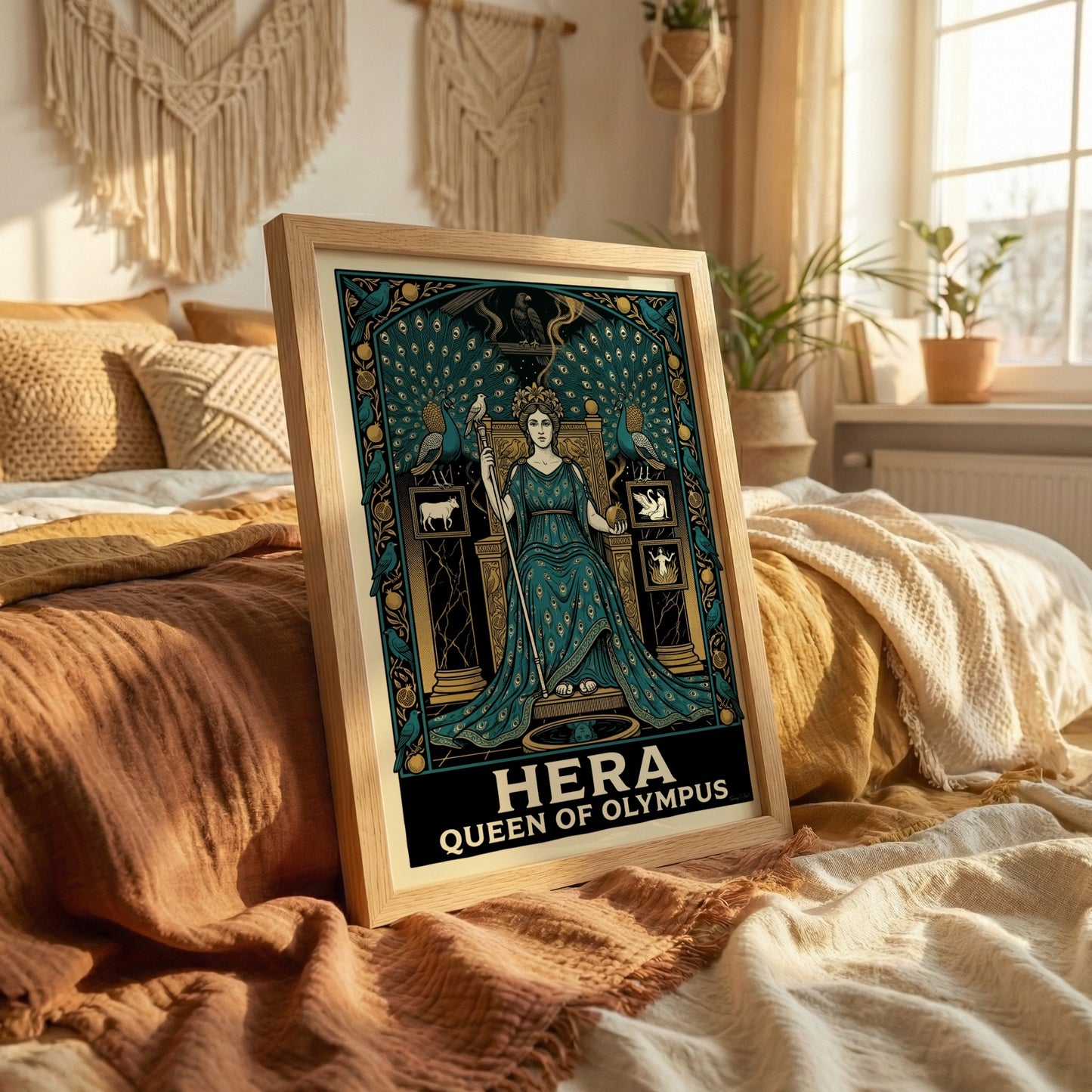 Hera Queen of Olympus poster, featuring the goddess in a teal gown with peacocks, in a detailed Art Nouveau