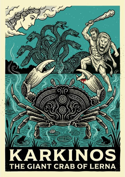 Karkinos Giant Crab of Lerna poster featuring Hercules and the Hydra, Greek mythology art.