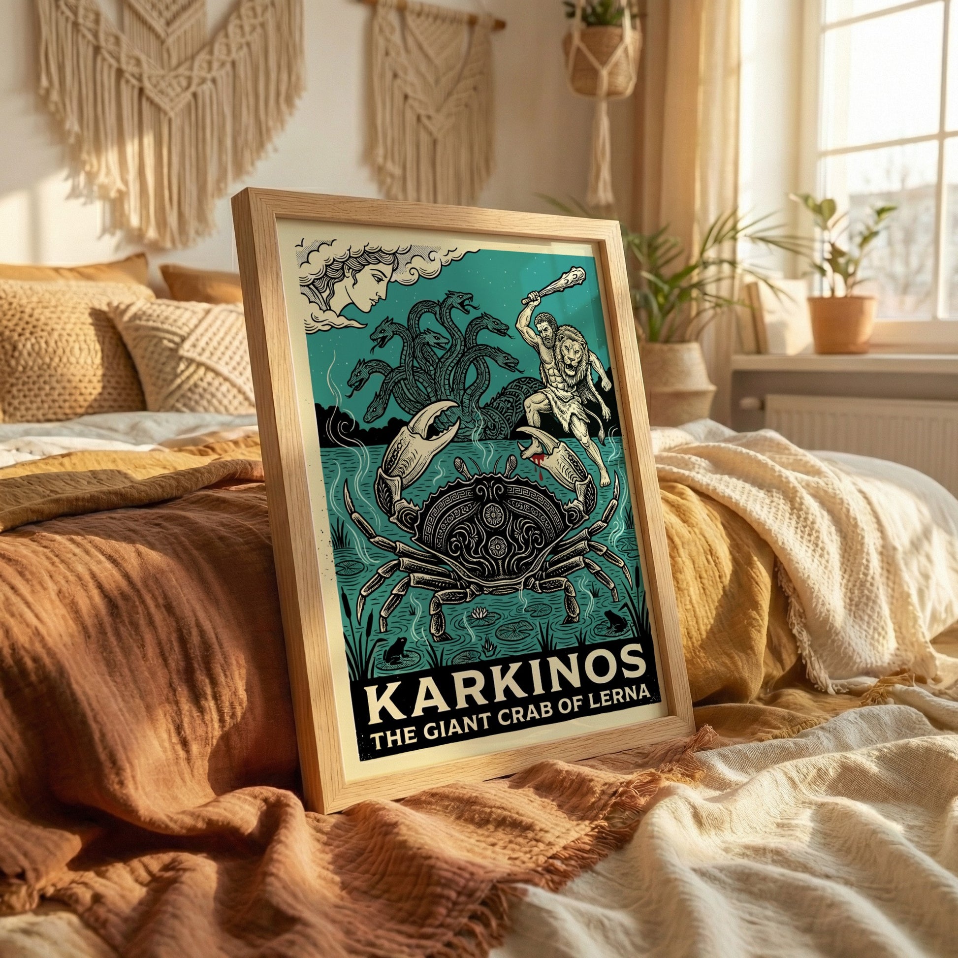 Karkinos Giant Crab of Lerna poster featuring Hercules and the Hydra, Greek mythology art.