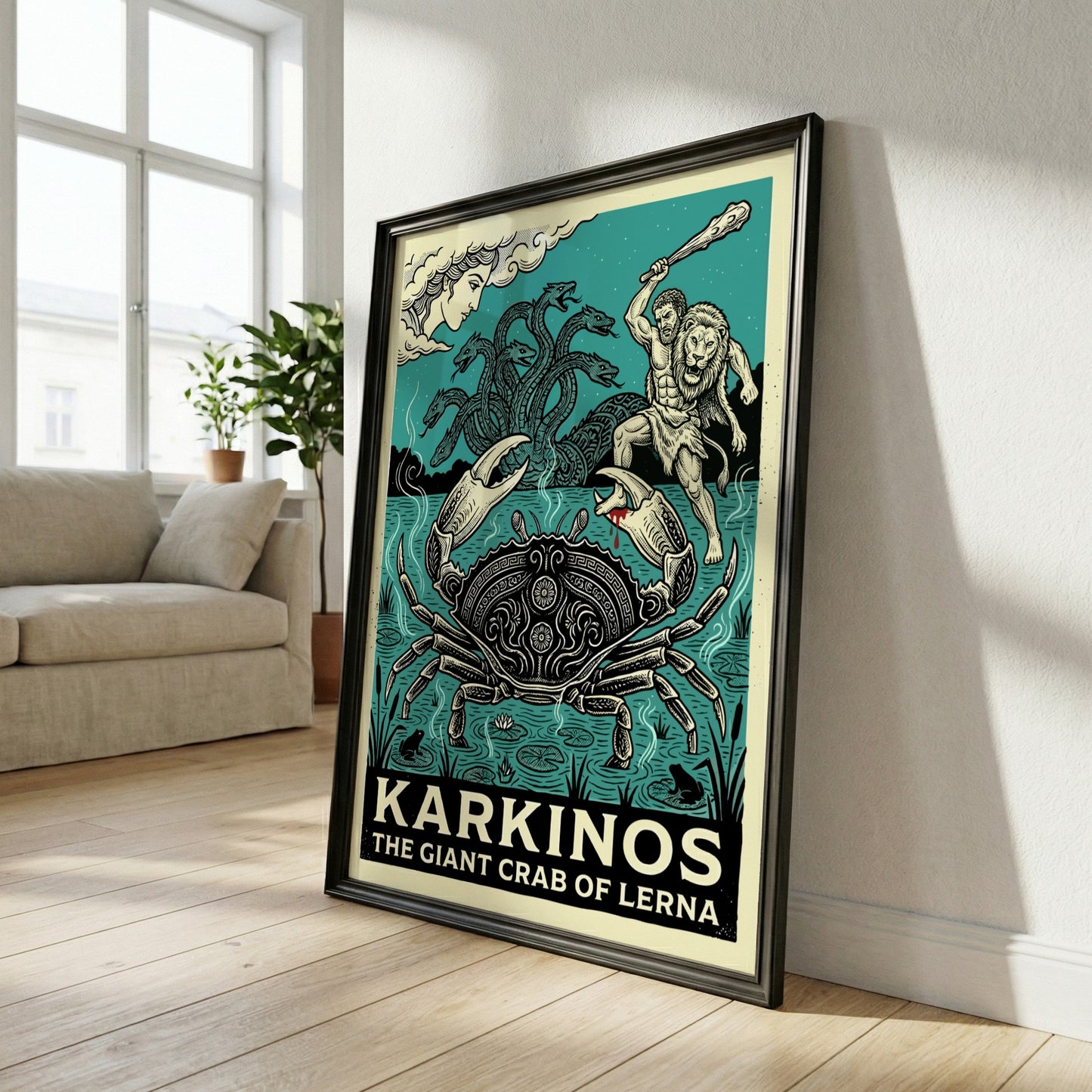 Karkinos Giant Crab of Lerna poster featuring Hercules and the Hydra, Greek mythology art.