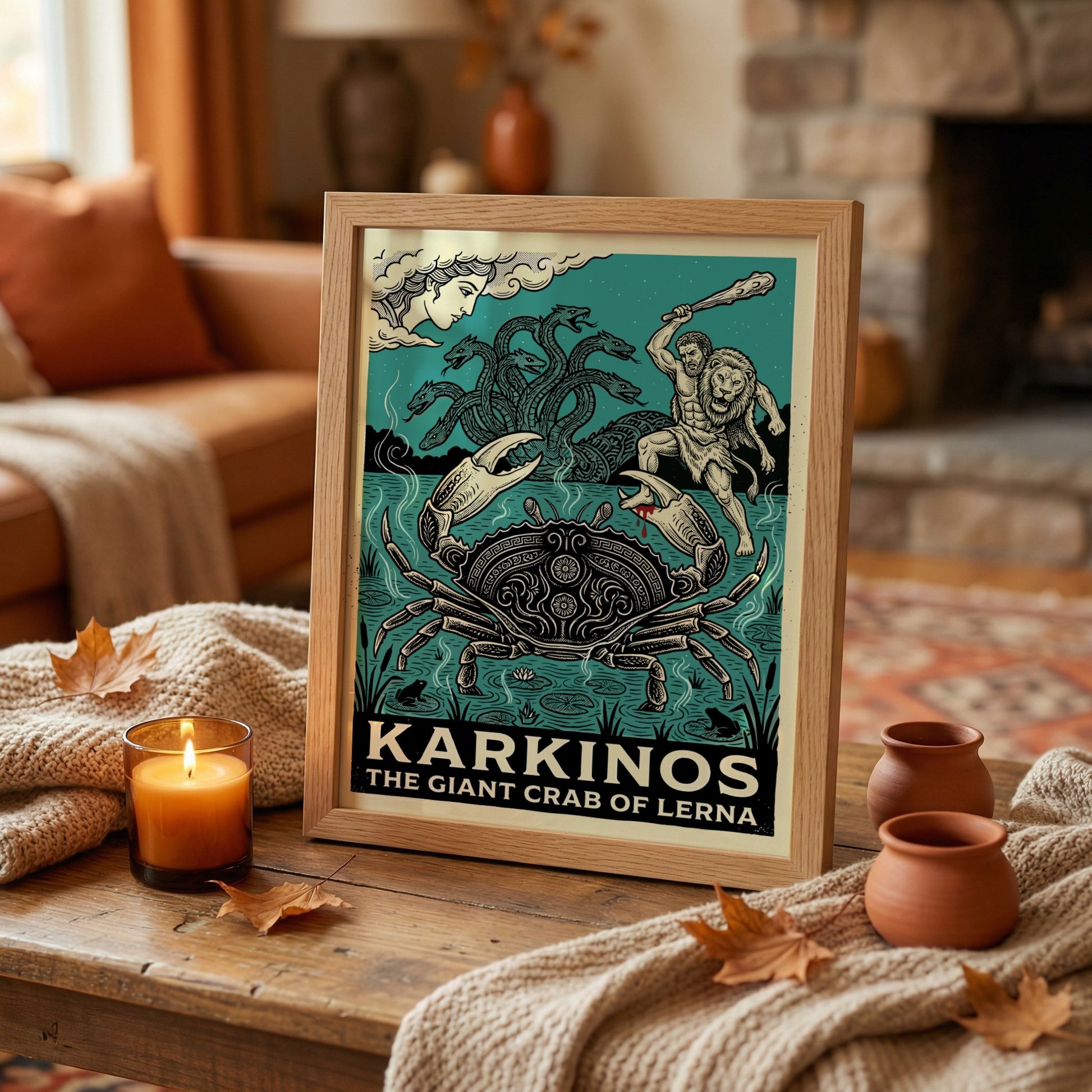 Karkinos Giant Crab of Lerna poster featuring Hercules and the Hydra, Greek mythology art.