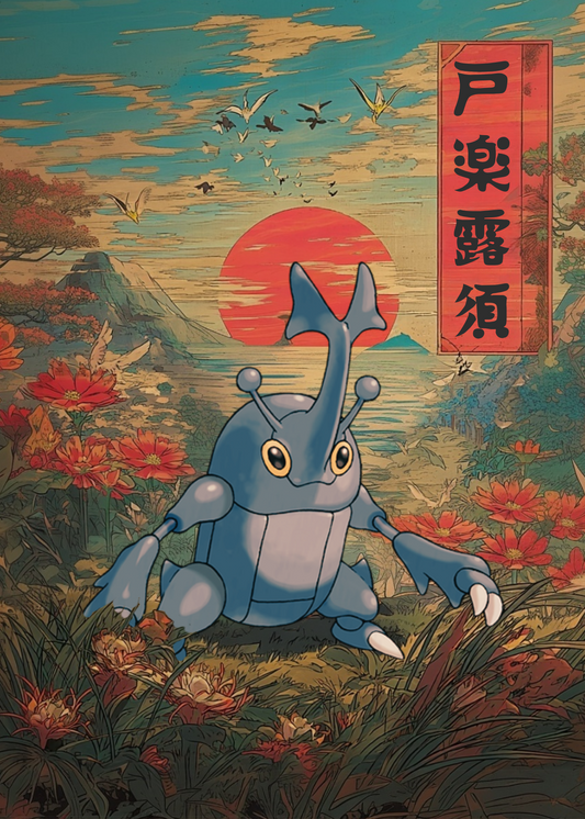 Heracross Pokemon character in a fantasy landscape with flowers and mountains, featuring a sunset and traditional Japanese elements.