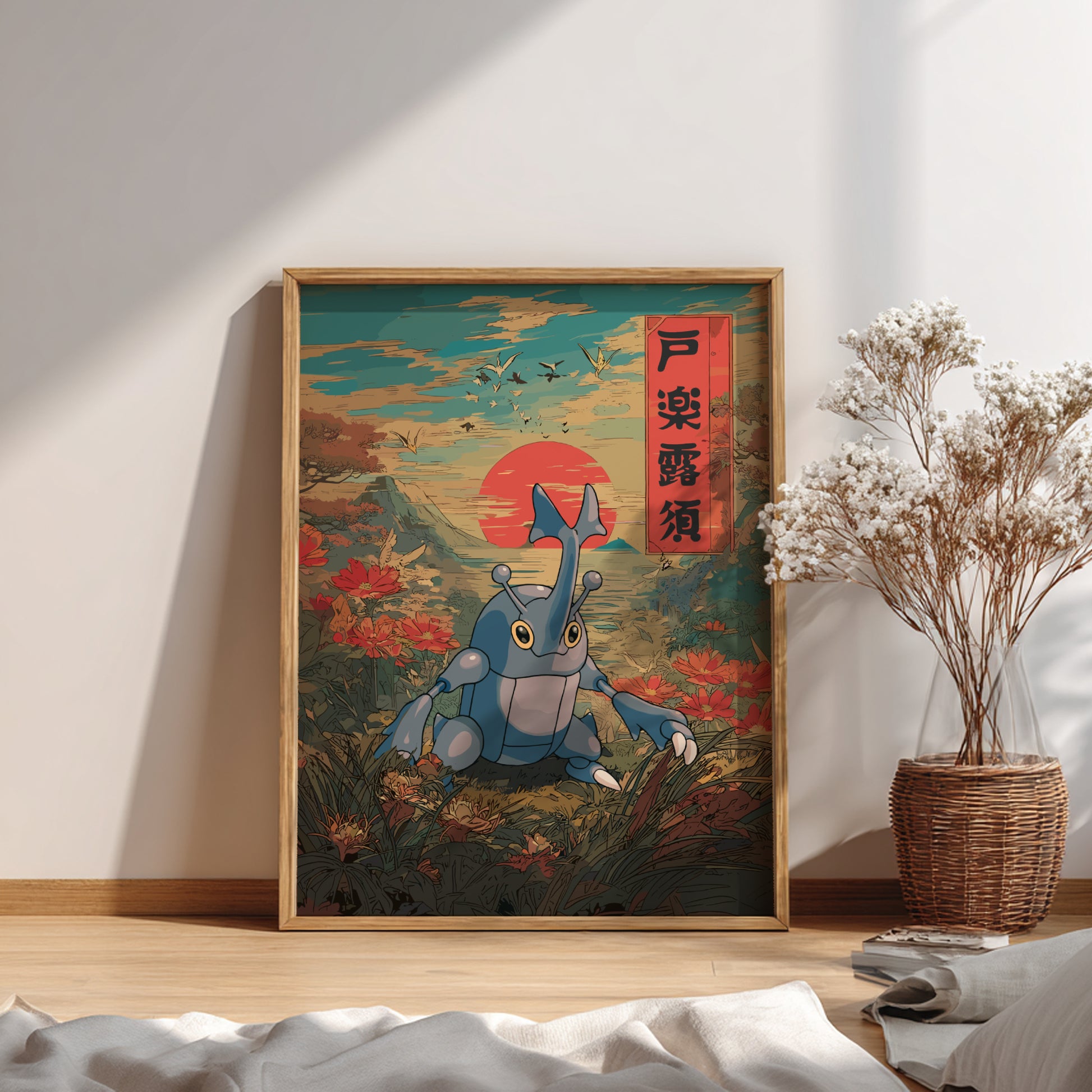Framed artwork of Heracross Pokemon with a sunset and floral background on a wall.