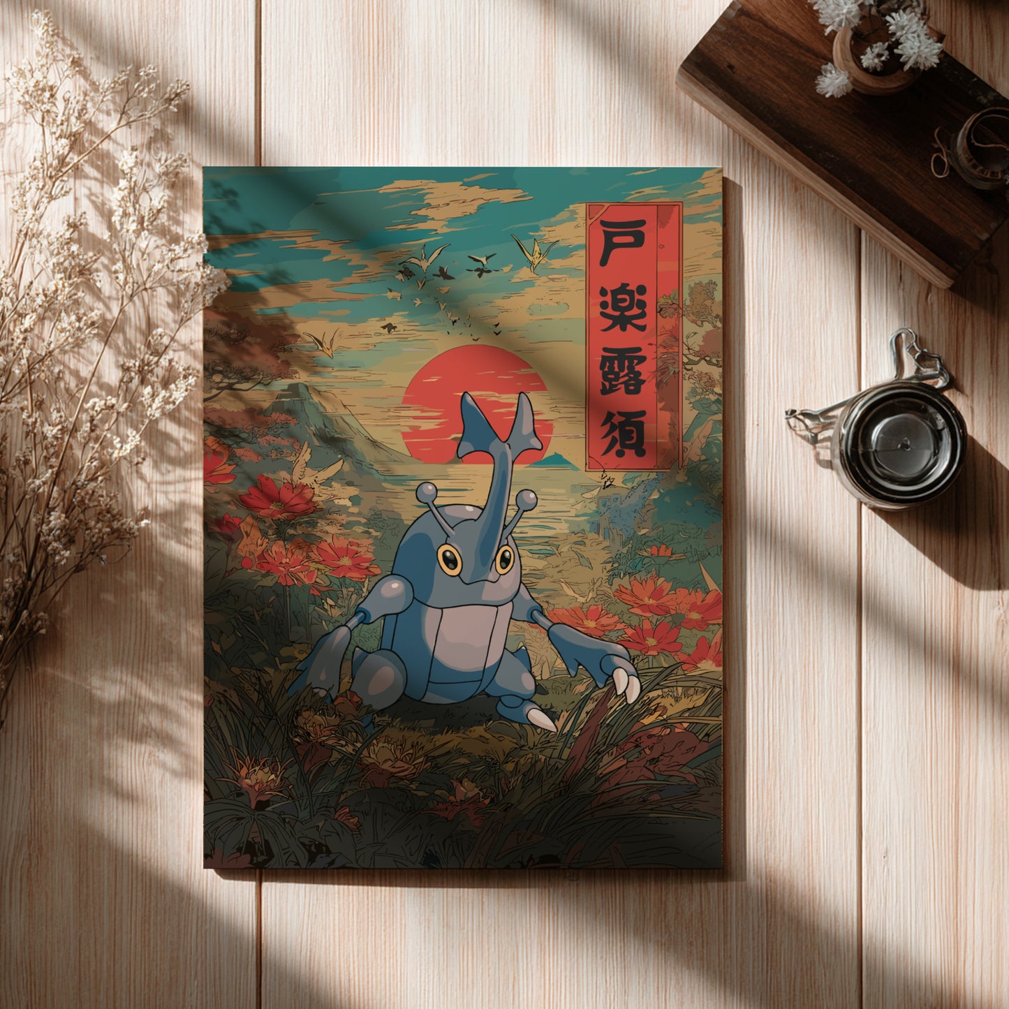 Framed artwork of Heracross Pokemon with a sunset and mountain background on a wooden surface.