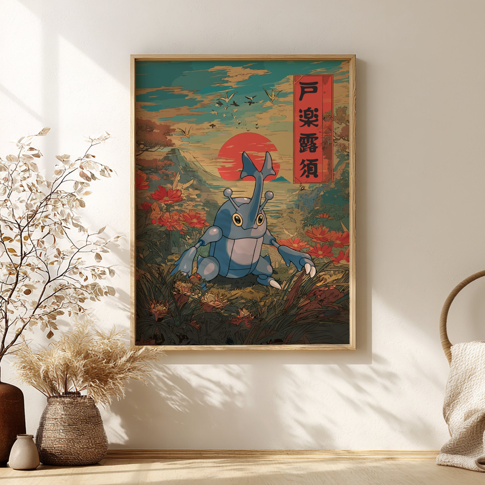 Framed artwork of Heracross Pokemon with a colorful background on a wall.