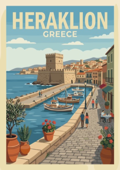 Poster of Heraklion Greece featuring a historic fortress harbor with boats and flowers.