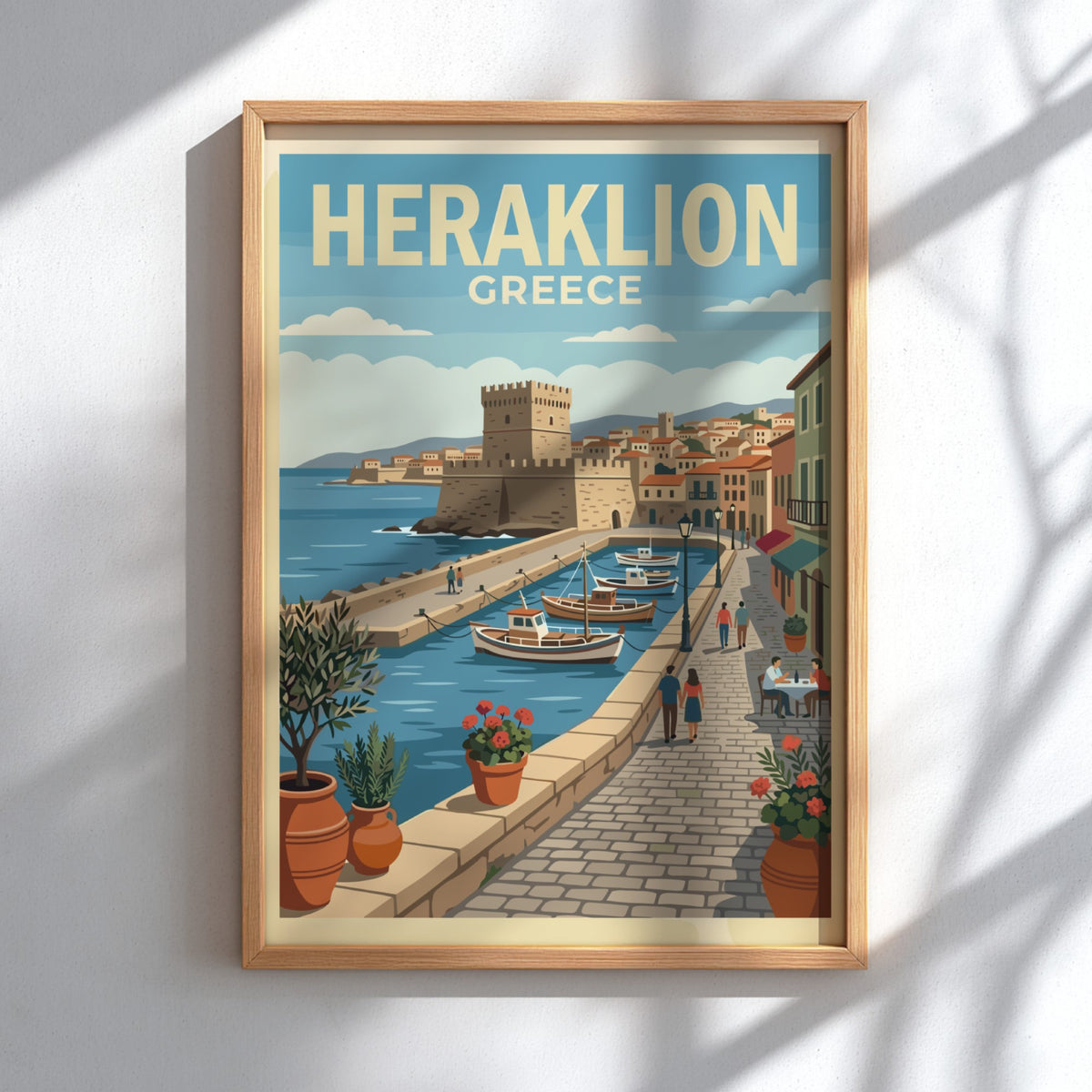 Poster of Heraklion Greece featuring a historic fortress harbor with boats and flowers.
