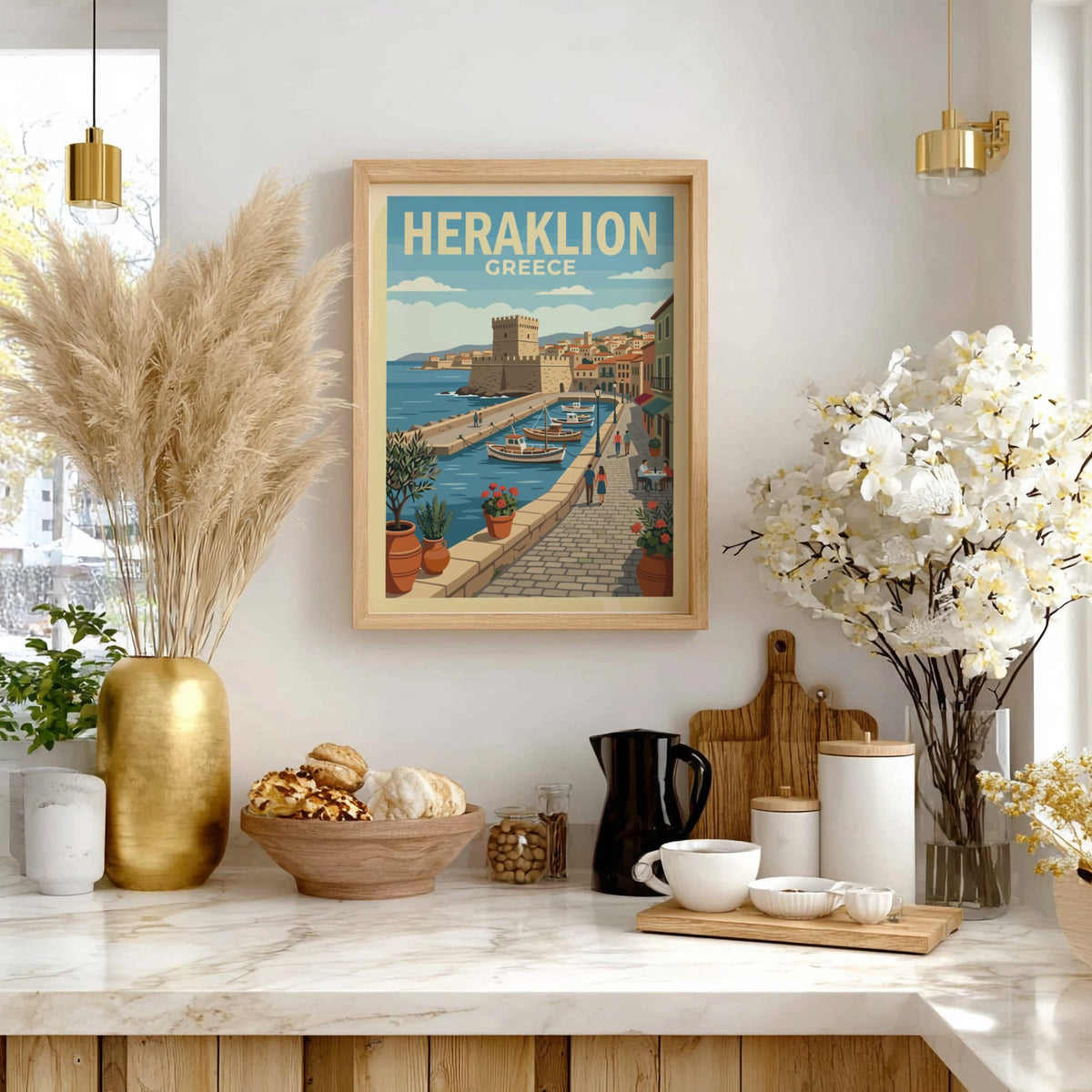 Poster of Heraklion Greece featuring a historic fortress harbor with boats and flowers.