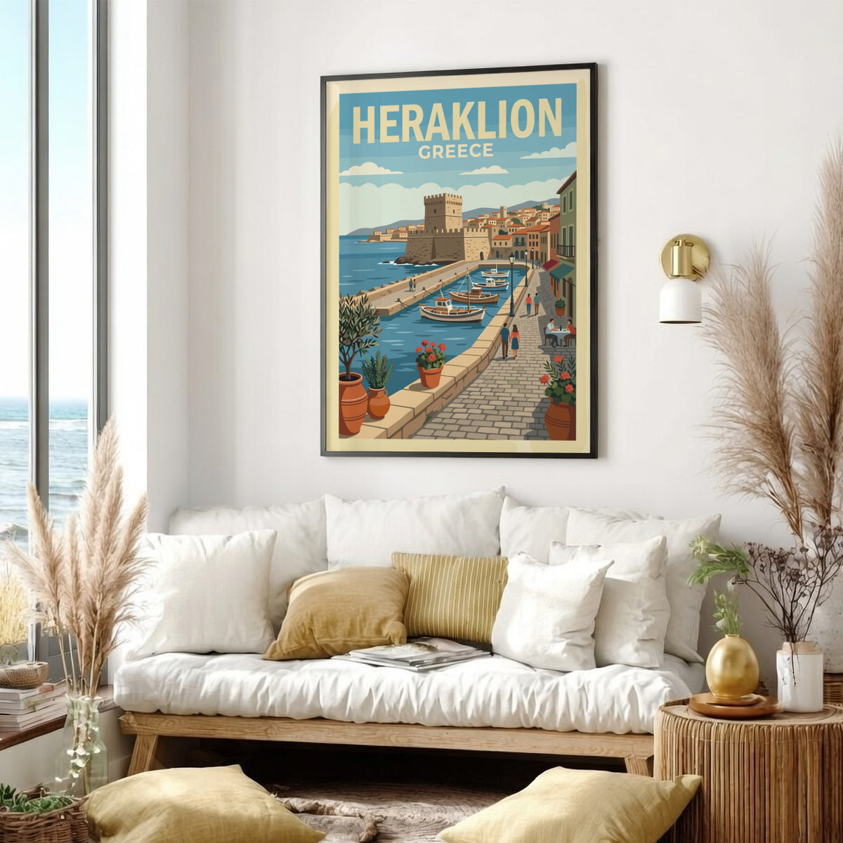 Poster of Heraklion Greece featuring a historic fortress harbor with boats and flowers.