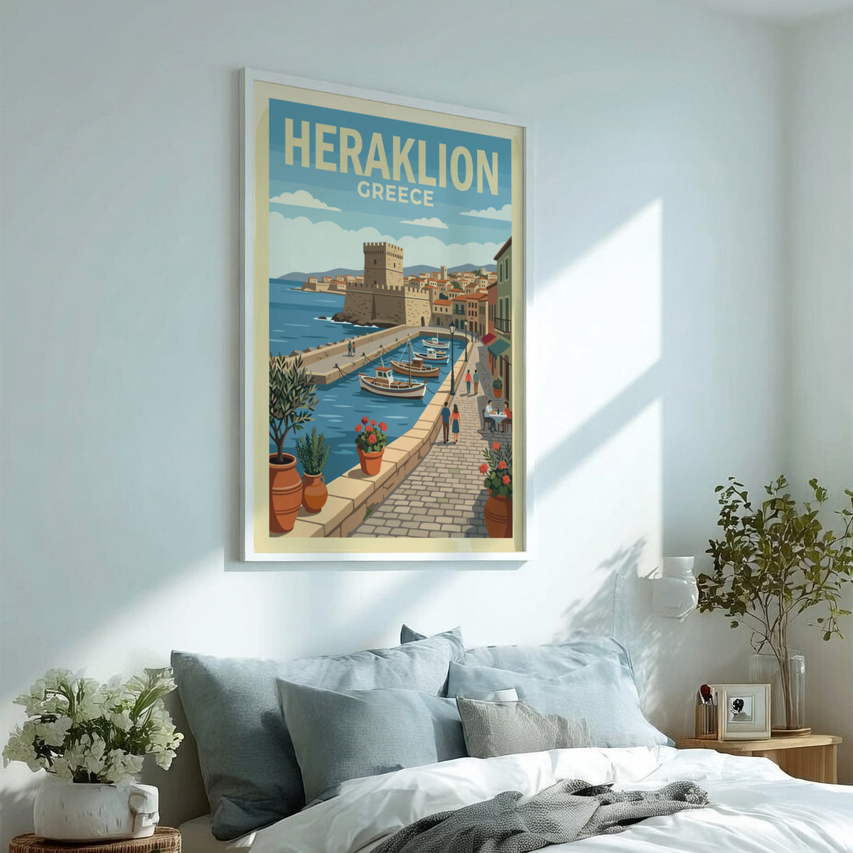 Poster of Heraklion Greece featuring a historic fortress harbor with boats and flowers.